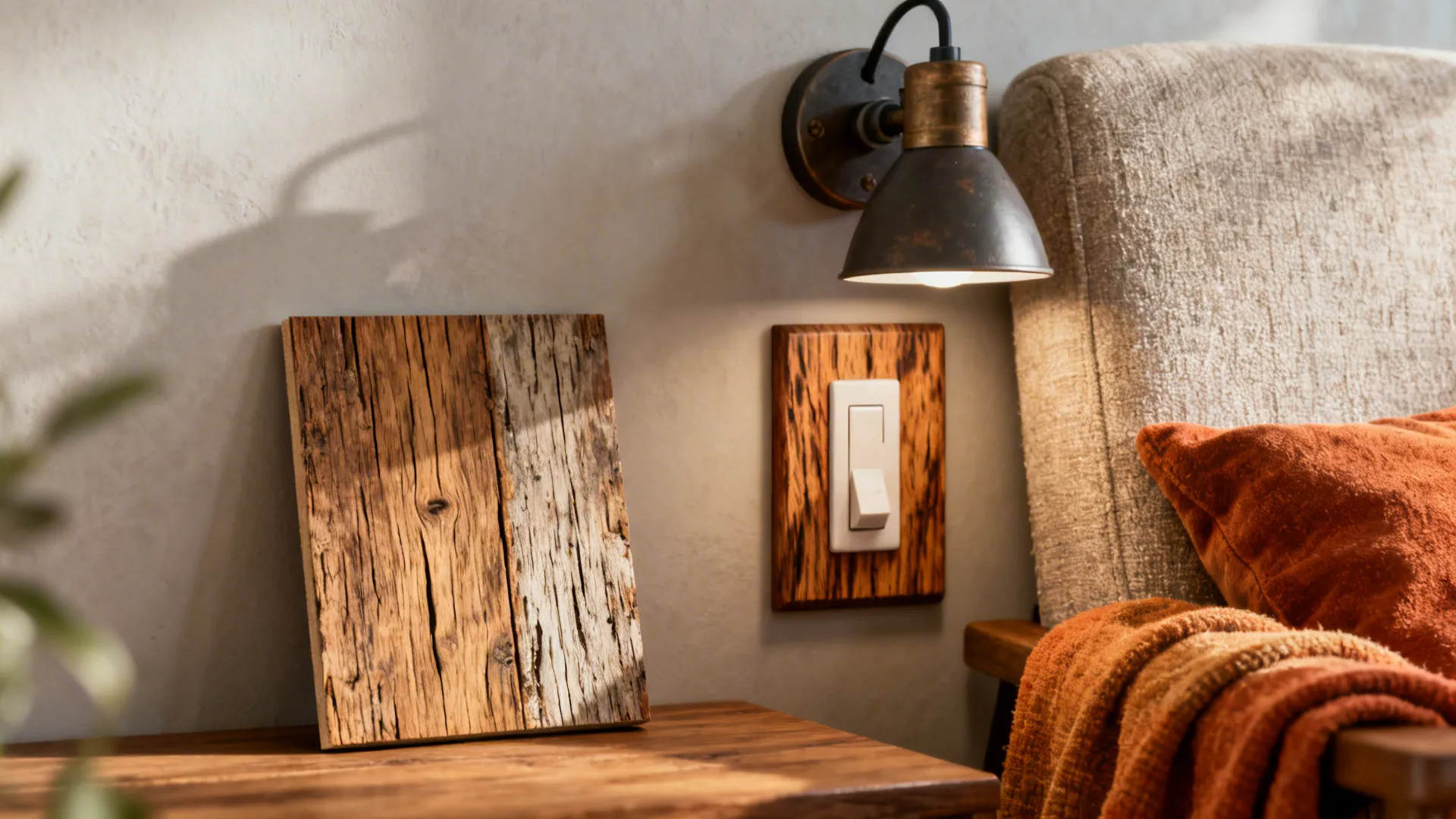 Detail shots of faux-reclaimed veneer, plug-in sconce and dimmer for modern-rustic apartment solutions