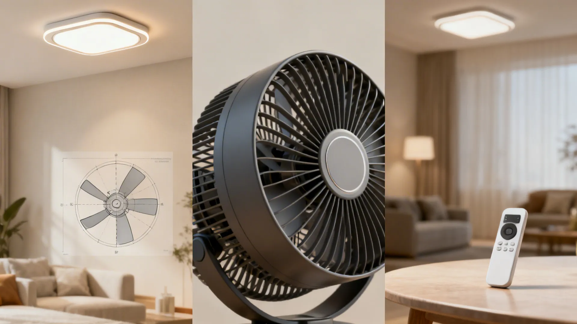 Close-up details: quiet DC fan motor, recessed lighting and smart remote representing FAQ topics