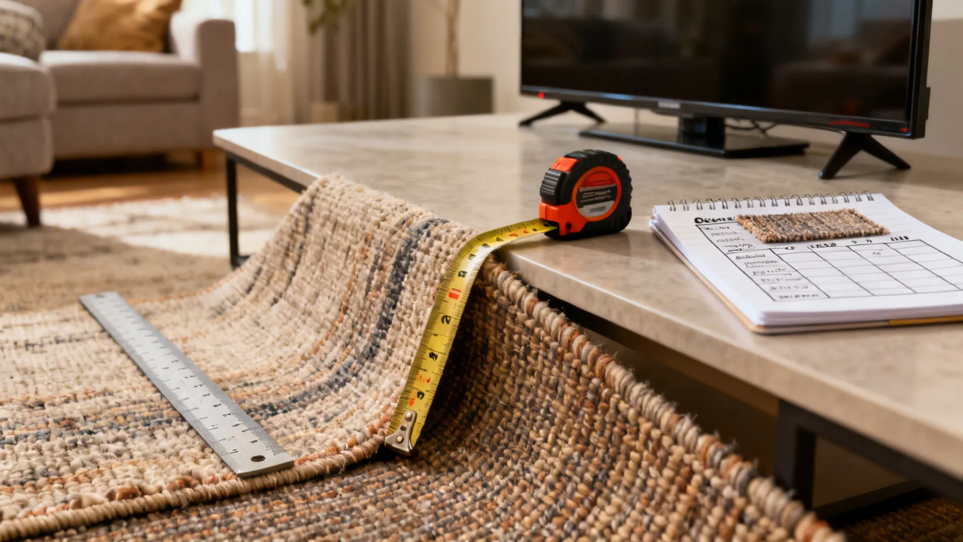 Close-up of measurement tools, fabric swatch and TV distance notes illustrating practical tips