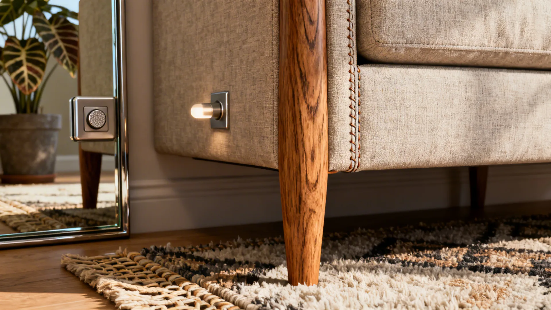 Close-up details showing slim furniture arms, rug placement, mirror edge and lighting dimmer.