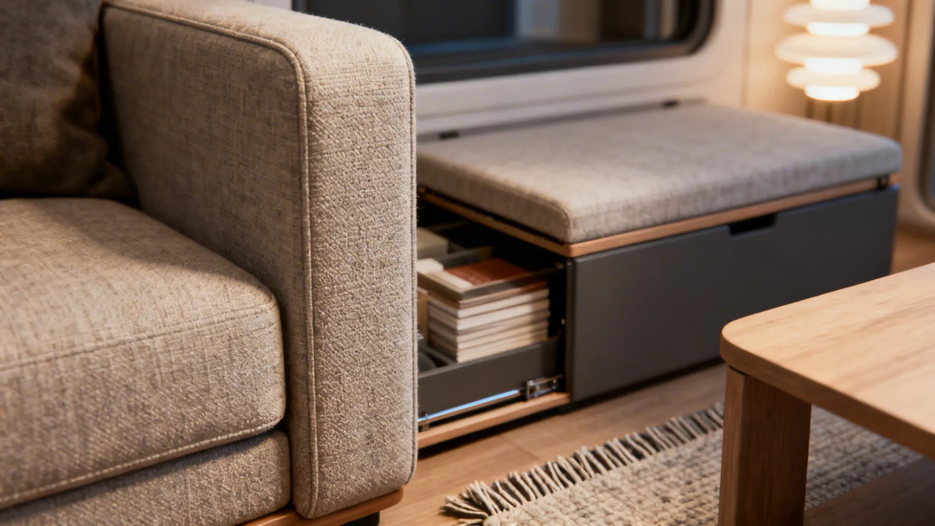 Close-up details of compact sofa, storage ottoman and rug edge illustrating multifunctional pieces.