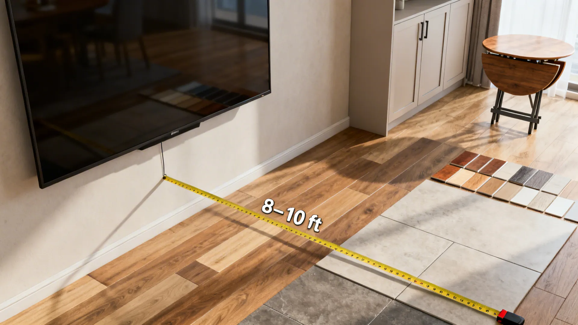 Collage of practical FAQs: TV size and viewing distance, flooring samples, compact dining and hidden storage solutions.