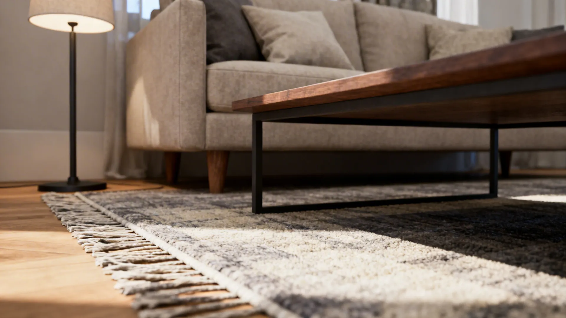 Close-up details showing rug, cushion textures and proper coffee table clearance for two sofas.