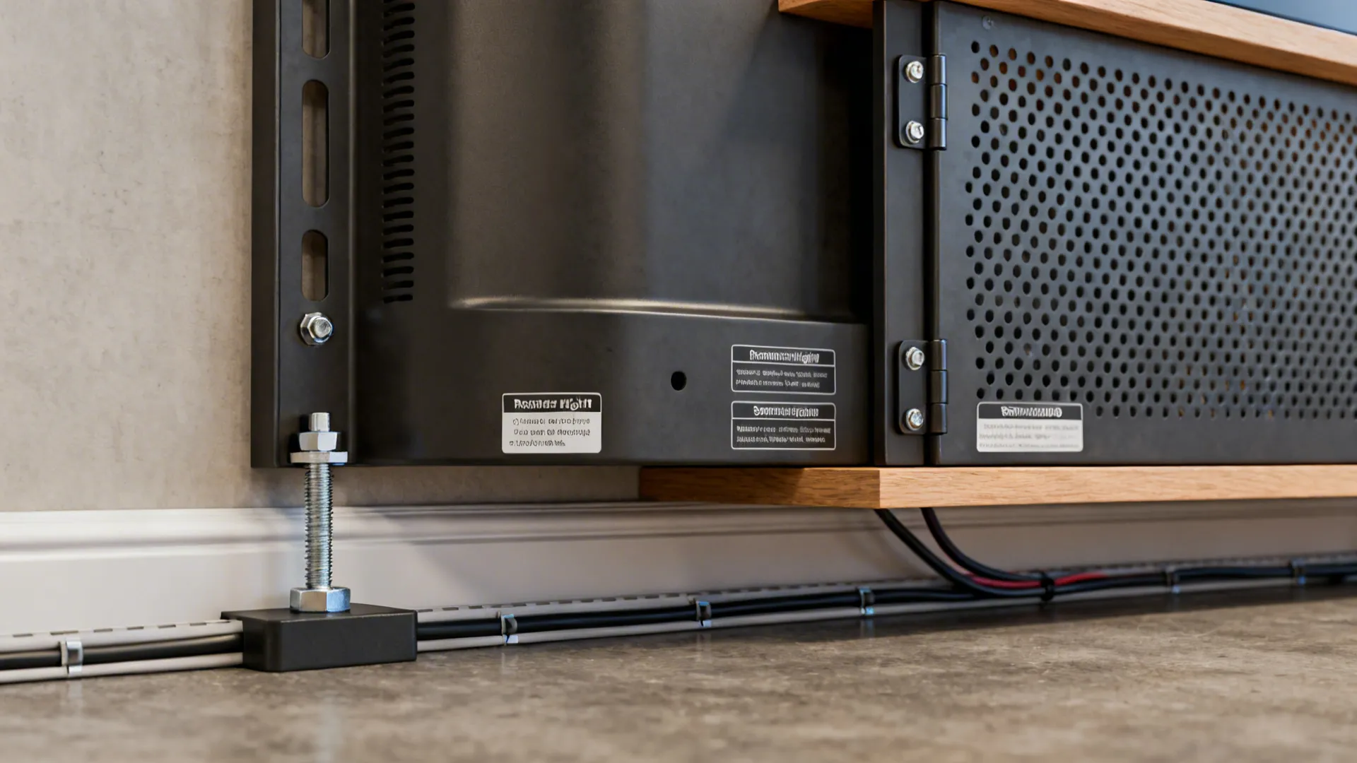 Close-up of mounting anchors, cable raceway, and hinge hardware for TV units