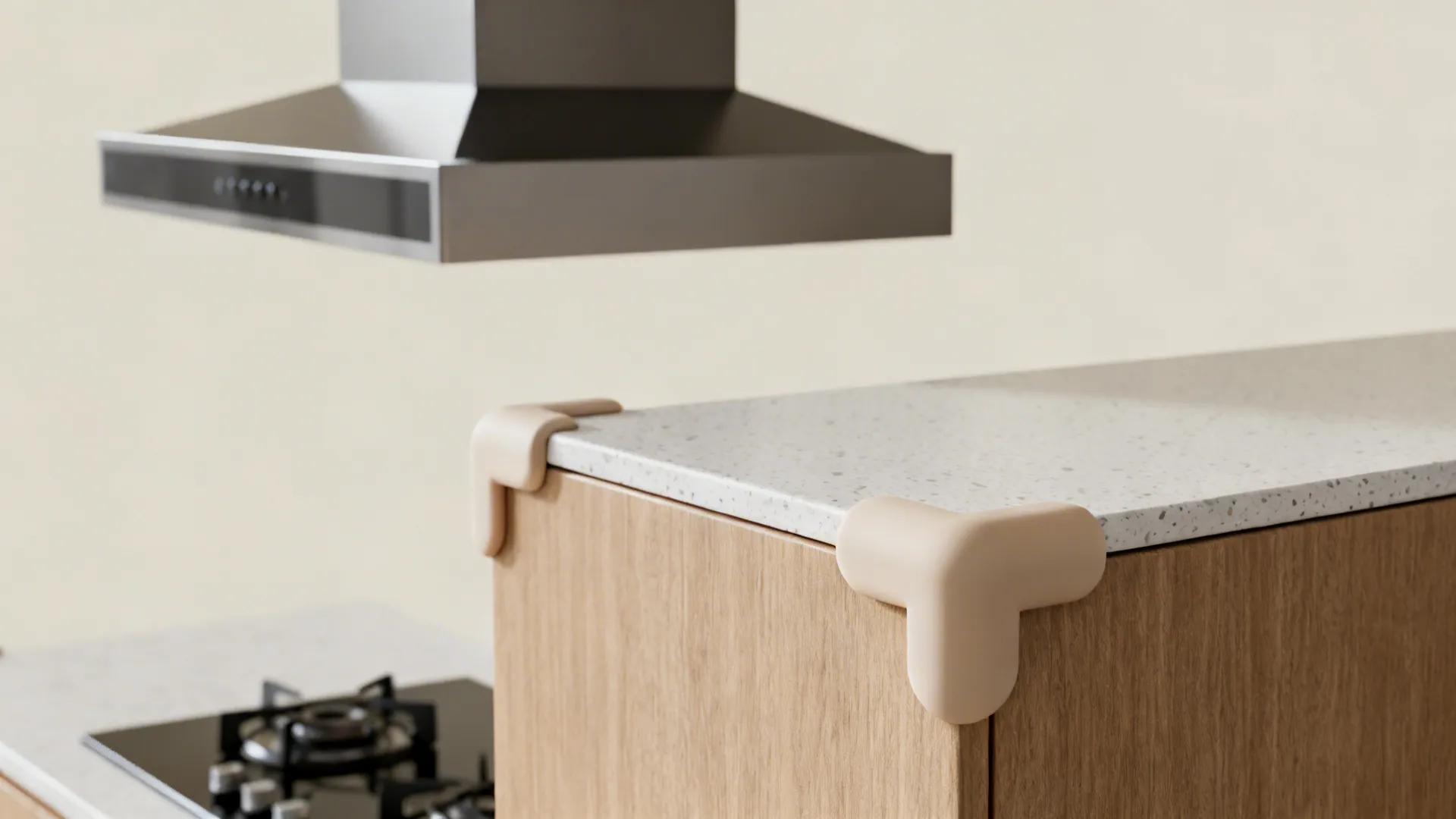 Close-up details showing extractor hood, durable surfaces and child-safe rounded furniture corners.