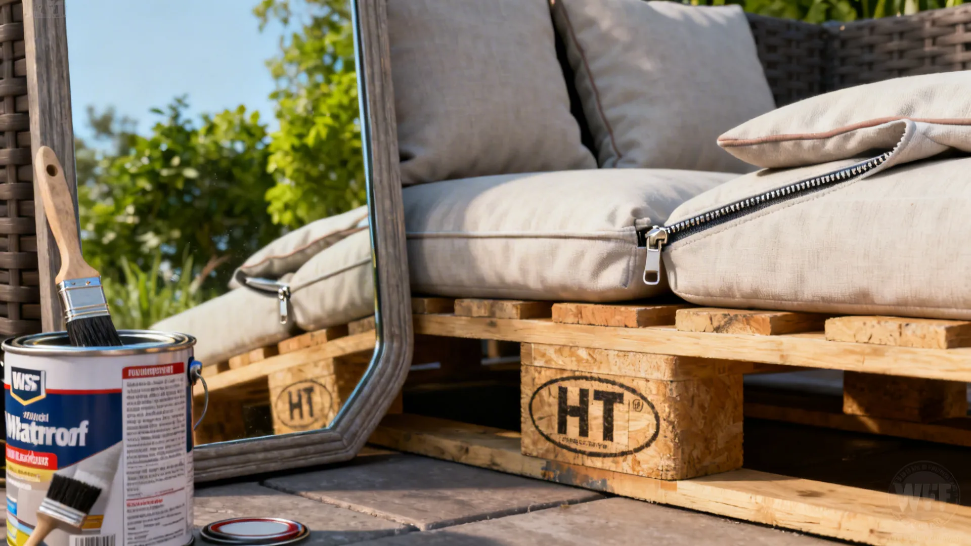 Close-up of patio care details: cushion covers, HT pallet stamp, and waterproof sealant