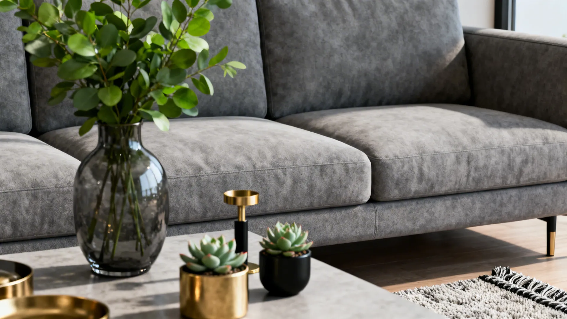 Styling details: plants, mixed metals and textured rug near a grey couch