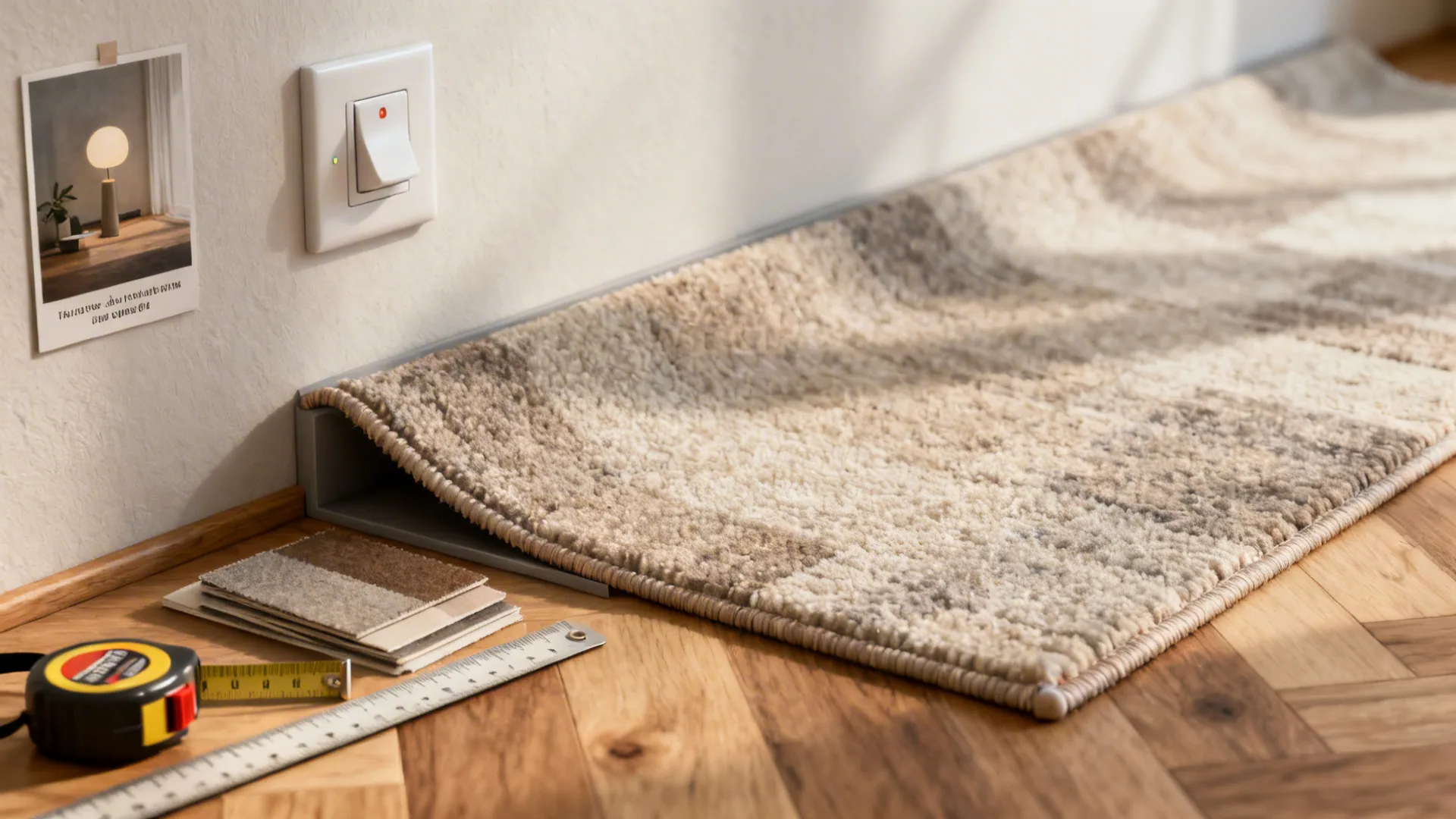 Close-up details: tape measure, rug edge, dimmer switch and a small artwork showing practical tips