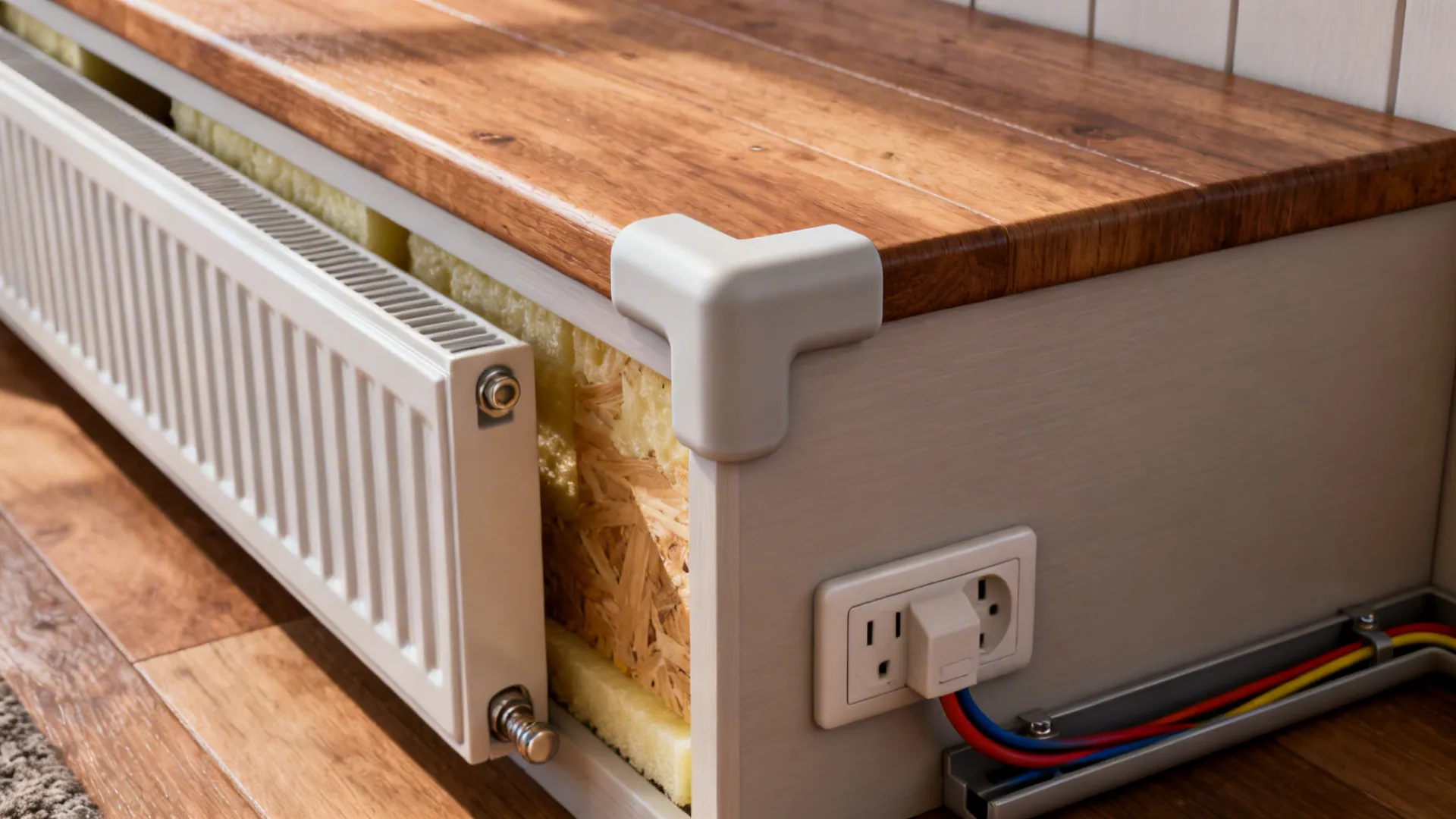 Cross section of wooden bench featuring corner protector, insulation, white heater, and electrical power outlet
