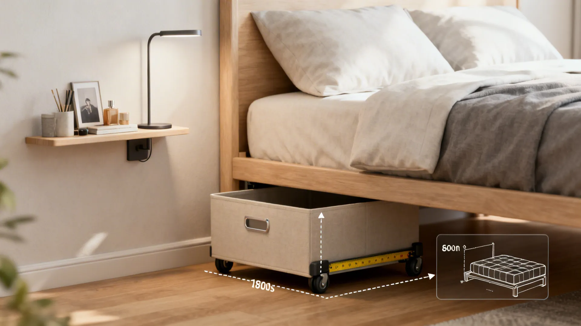 Close-up of wall shelf, slim lamp, under-bed rolling box and measurement tape for small-room tips