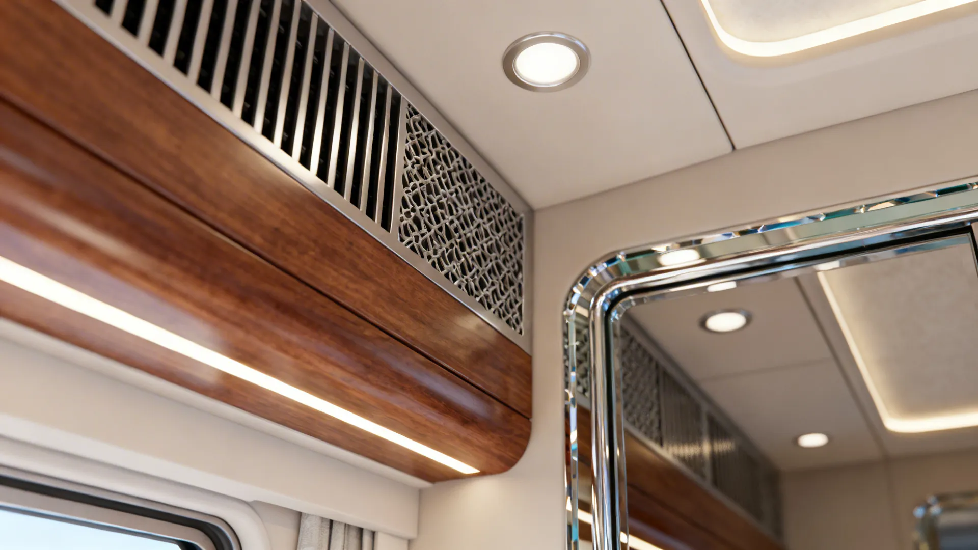 Close-up collage of ventilation, sealed wood, lighting and mirror details for bathroom FAQs