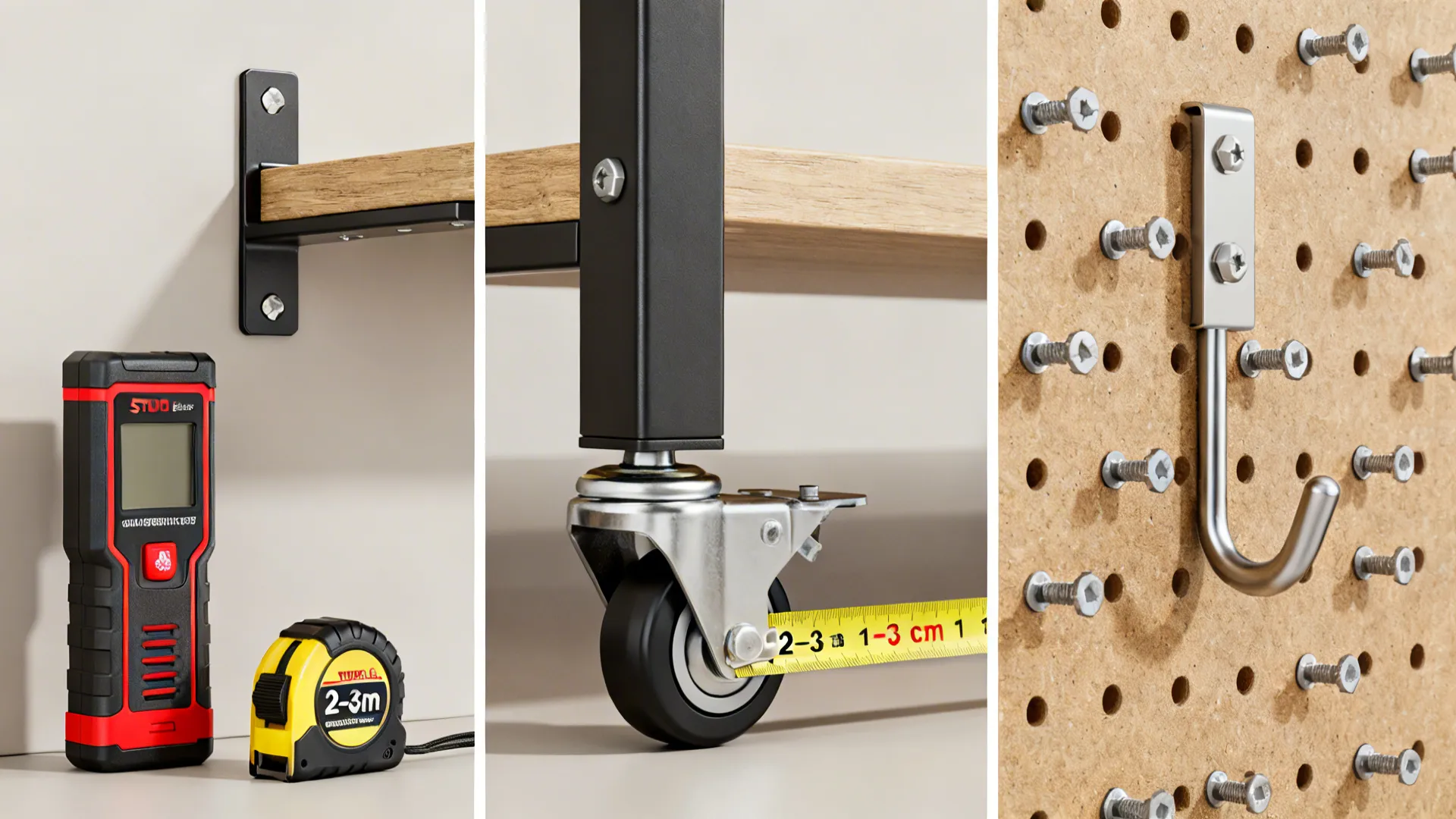 Details: stud finder, caster clearance measurement, and heavy-duty pegboard hooks.