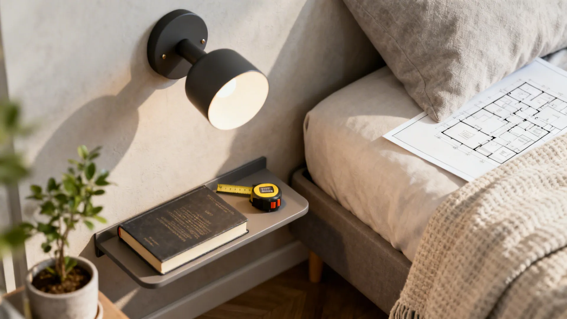 Close-up of practical small-bedroom details: wall sconce, measuring tape, and a floor plan.
