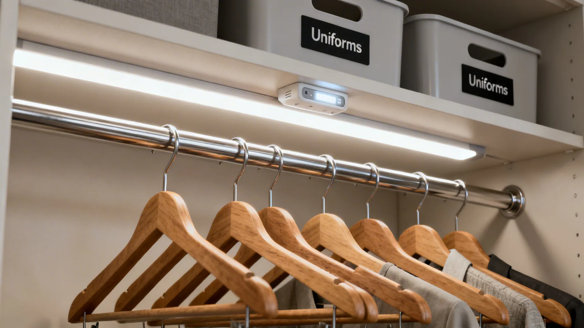 Matching hangers, labeled storage bins, and LED strip lighting inside a small closet.