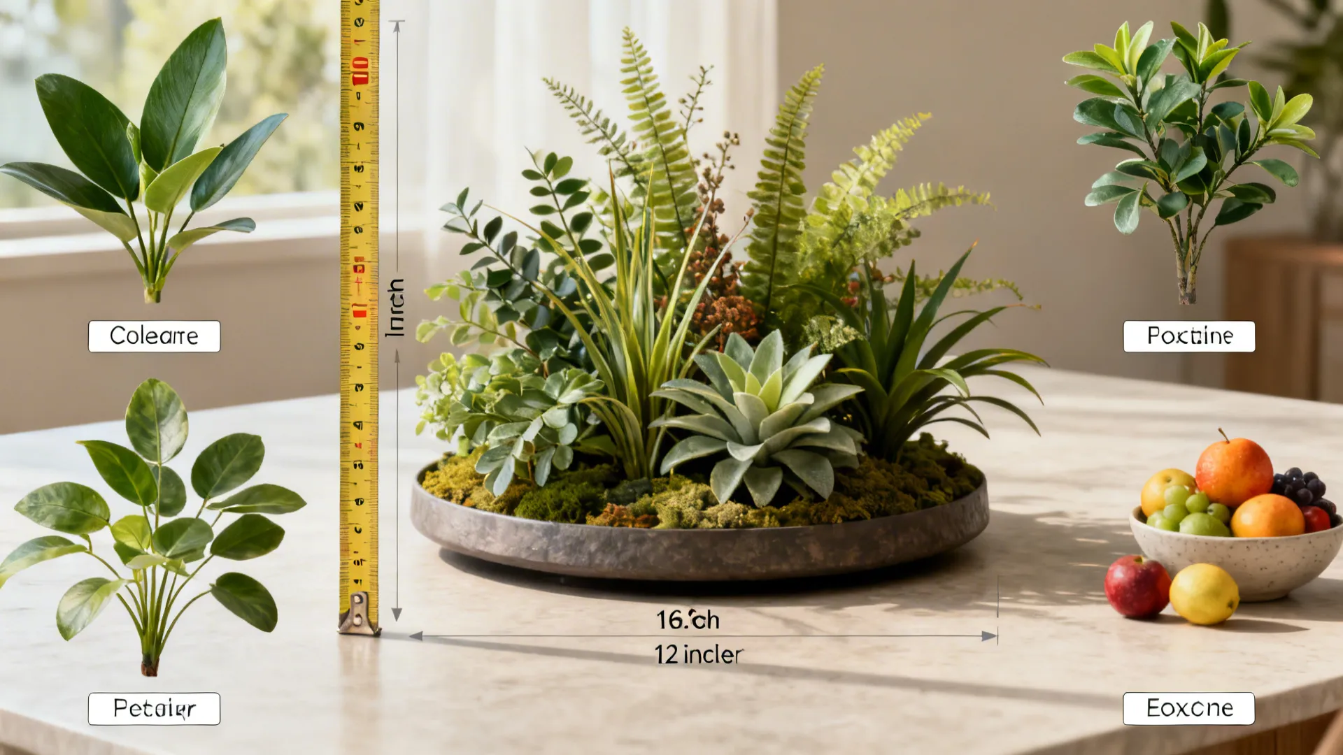 Green plants in tray measured with yellow tape next to fruit bowl on light table
