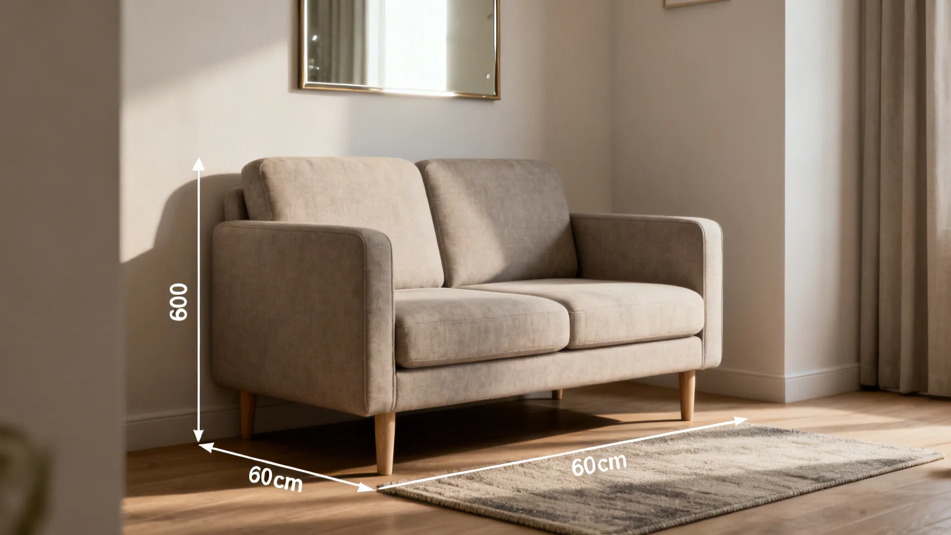 Compact sofa with clear circulation space, mirror and rug demonstrating tips for making a living room appear larger.