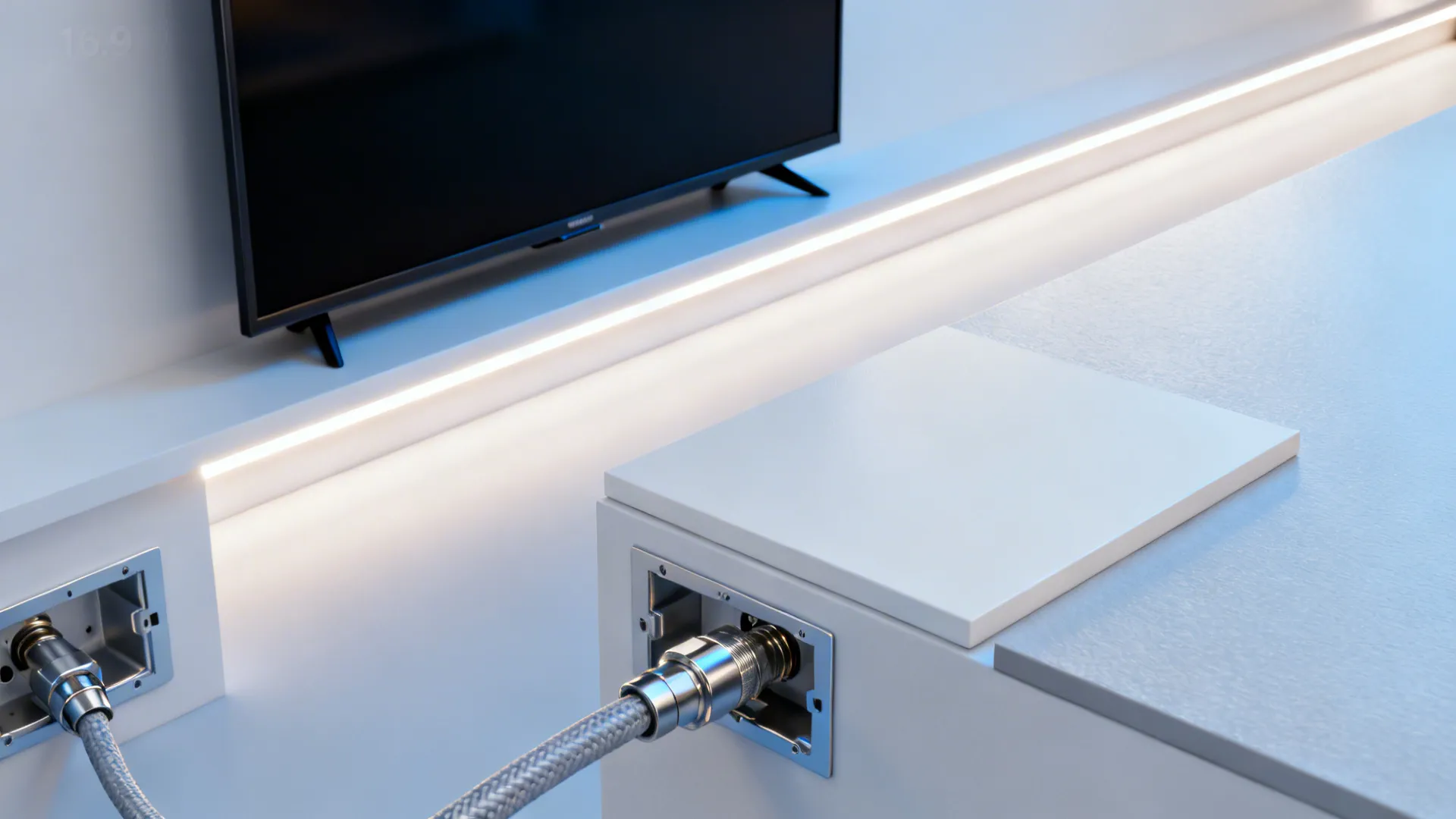 Close-up of LED backlighting and in-wall cable kit components for TV installation