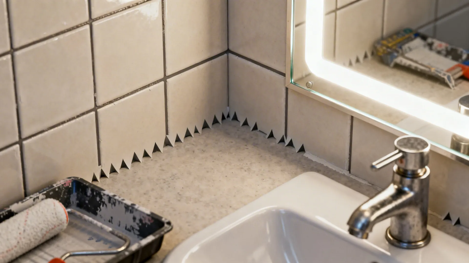 Close-up of DIY bathroom upgrade details like grout, compact basin and LED vanity lighting.