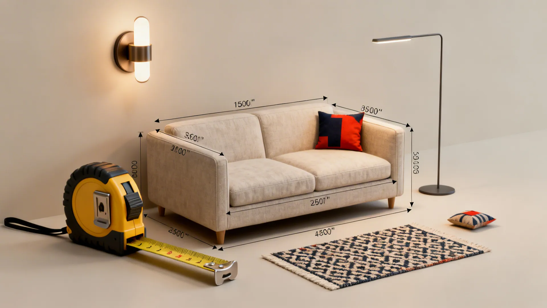 Details for FAQs: tape measure by sofa, small patterned rug sample, layered lighting and accent pillow.