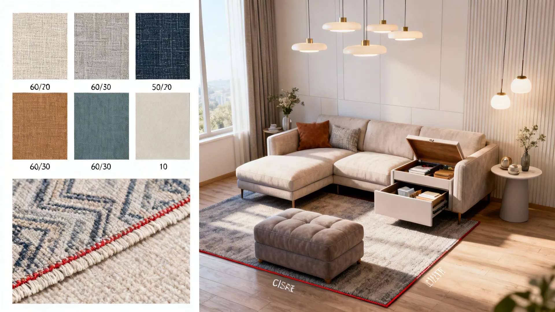 Fabric samples and rug details near a living room sofa with storage and ceiling lights