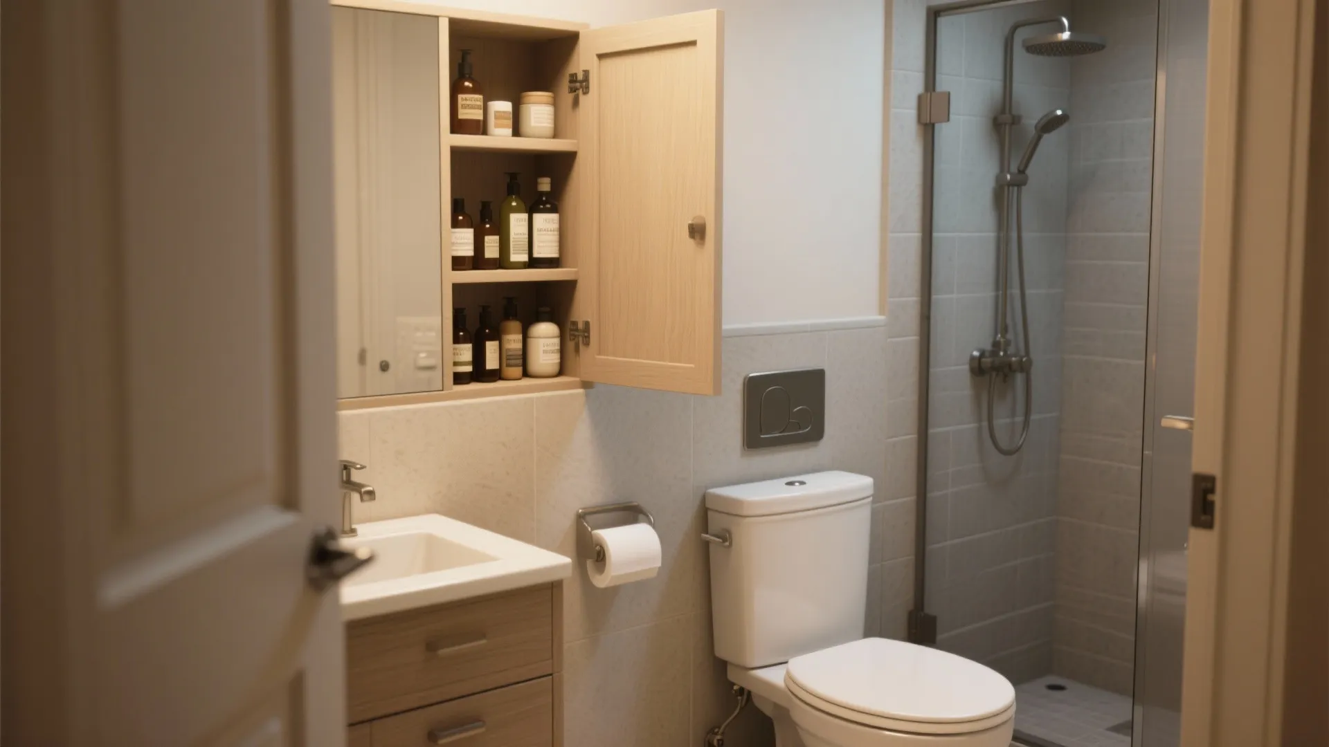 Close-up of recessed storage, shower niche and wall-mounted fixtures in a 5x8 bathroom.