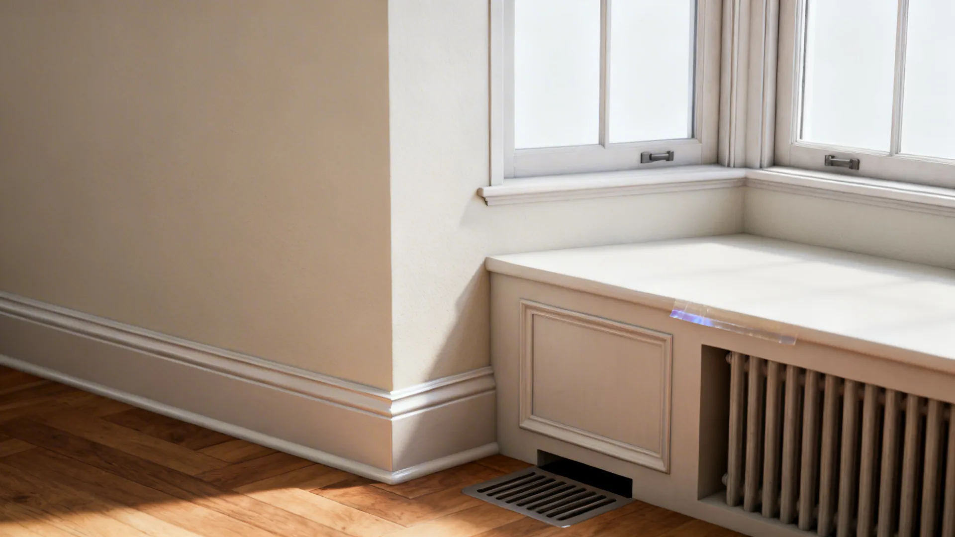Interior detail of a white window seat with radiator and floor vent on light wood