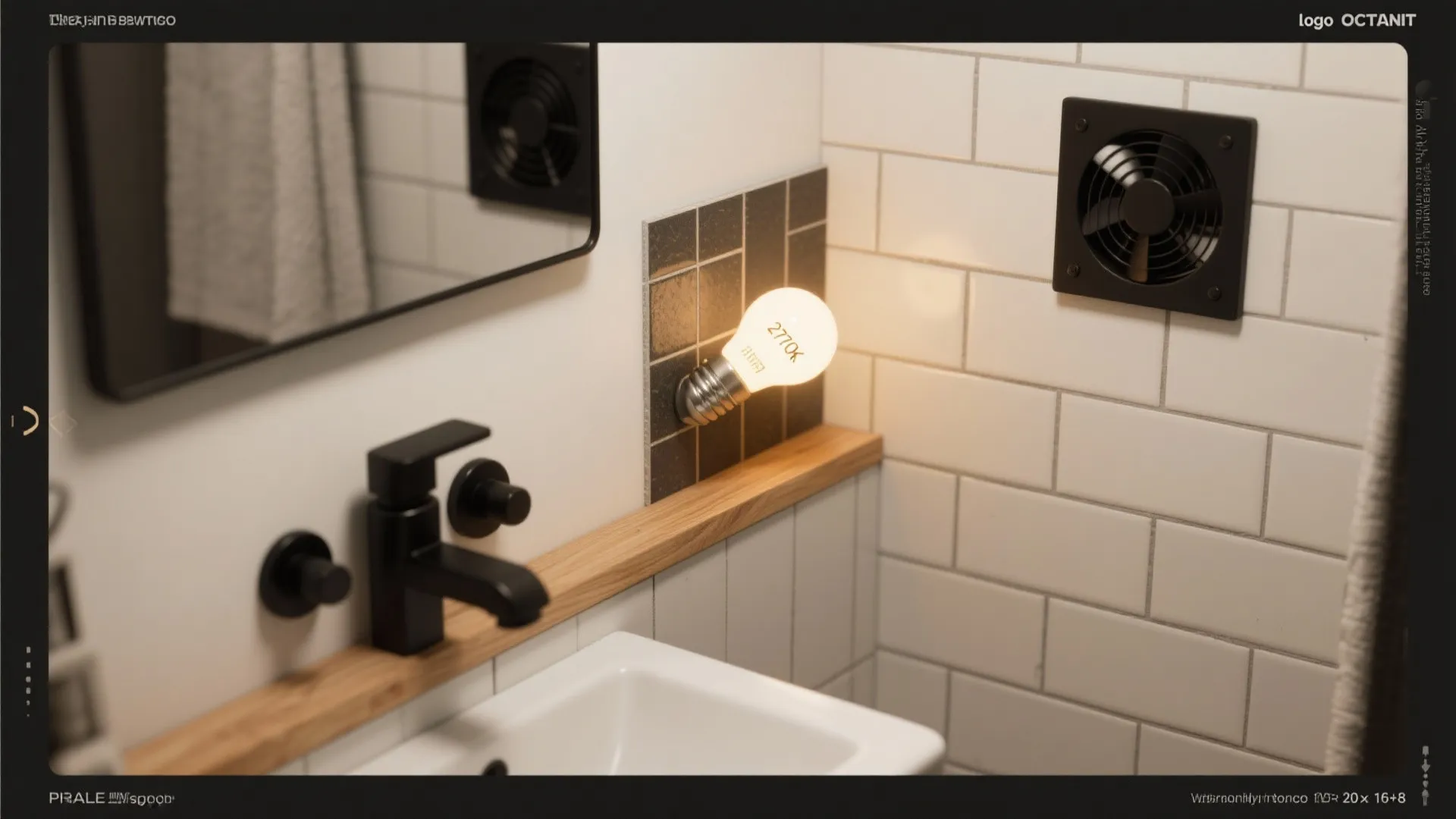 Modern bathroom with white tiles, black water tap, warm light bulb, and black wall fan