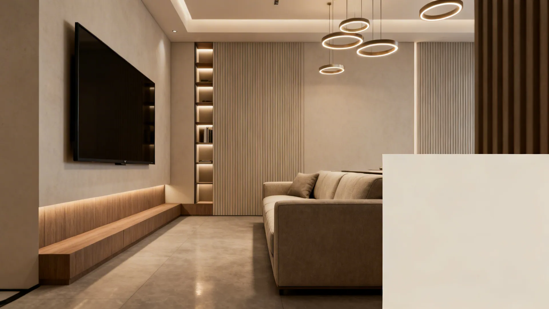 Collage of details: sofa depth, TV placement, open shelving and lighting for narrow living rooms.