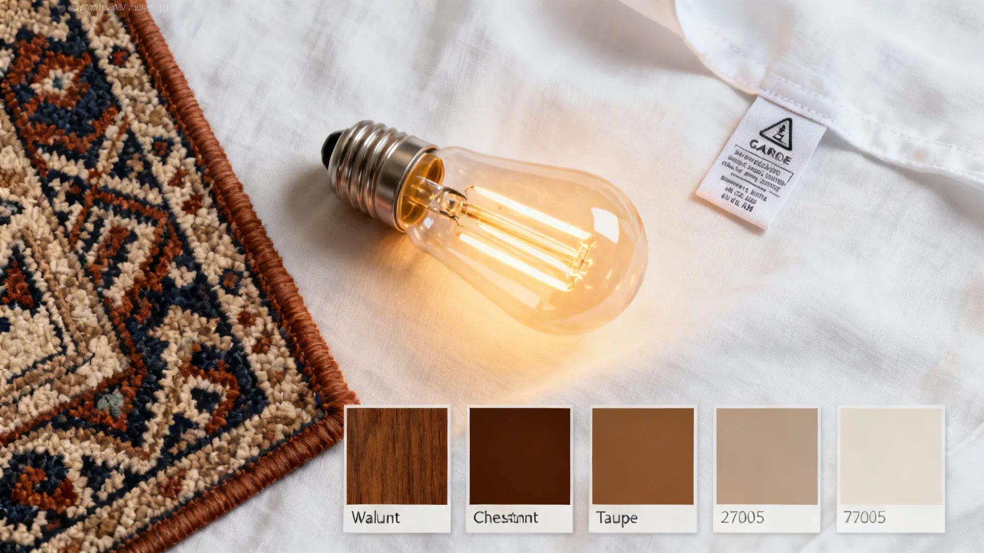 Collage of paint chips, warm LED bulb, rug pattern and fabric care tag illustrating FAQ points.