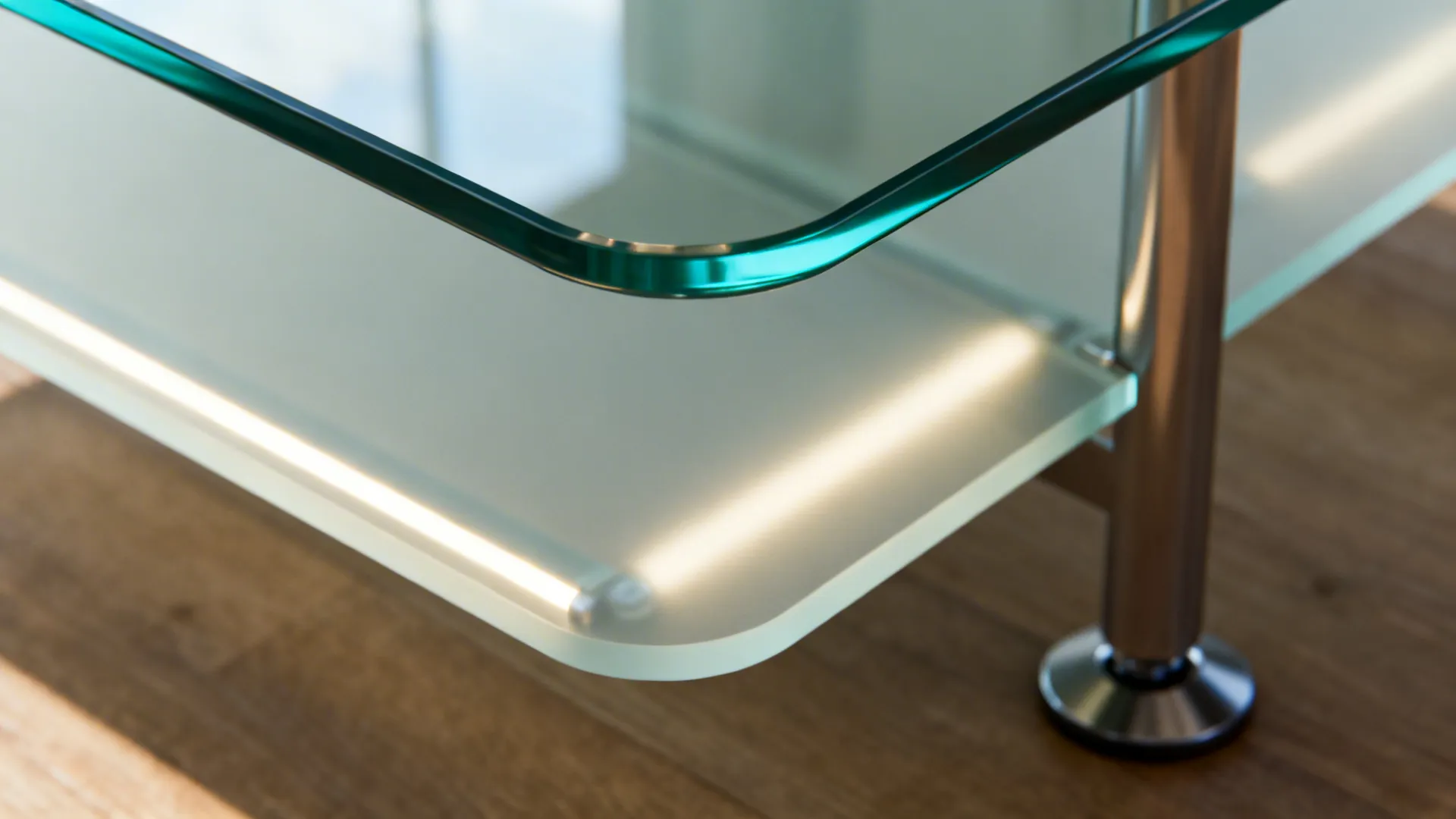 Close-up showing rounded tempered glass edge, under-shelf LED glow, and adjustable foot on a table base.