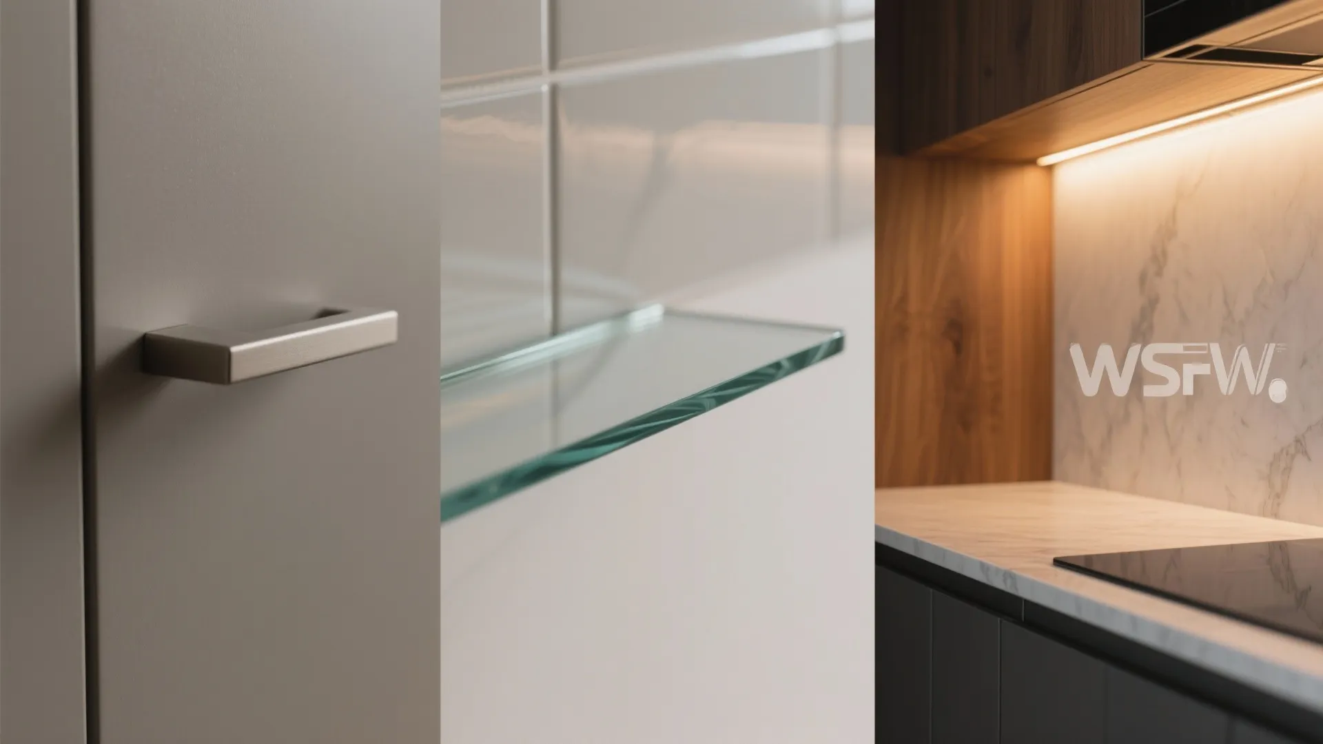 Close up of a metal cabinet handle glass shelf and marble countertop with warm light