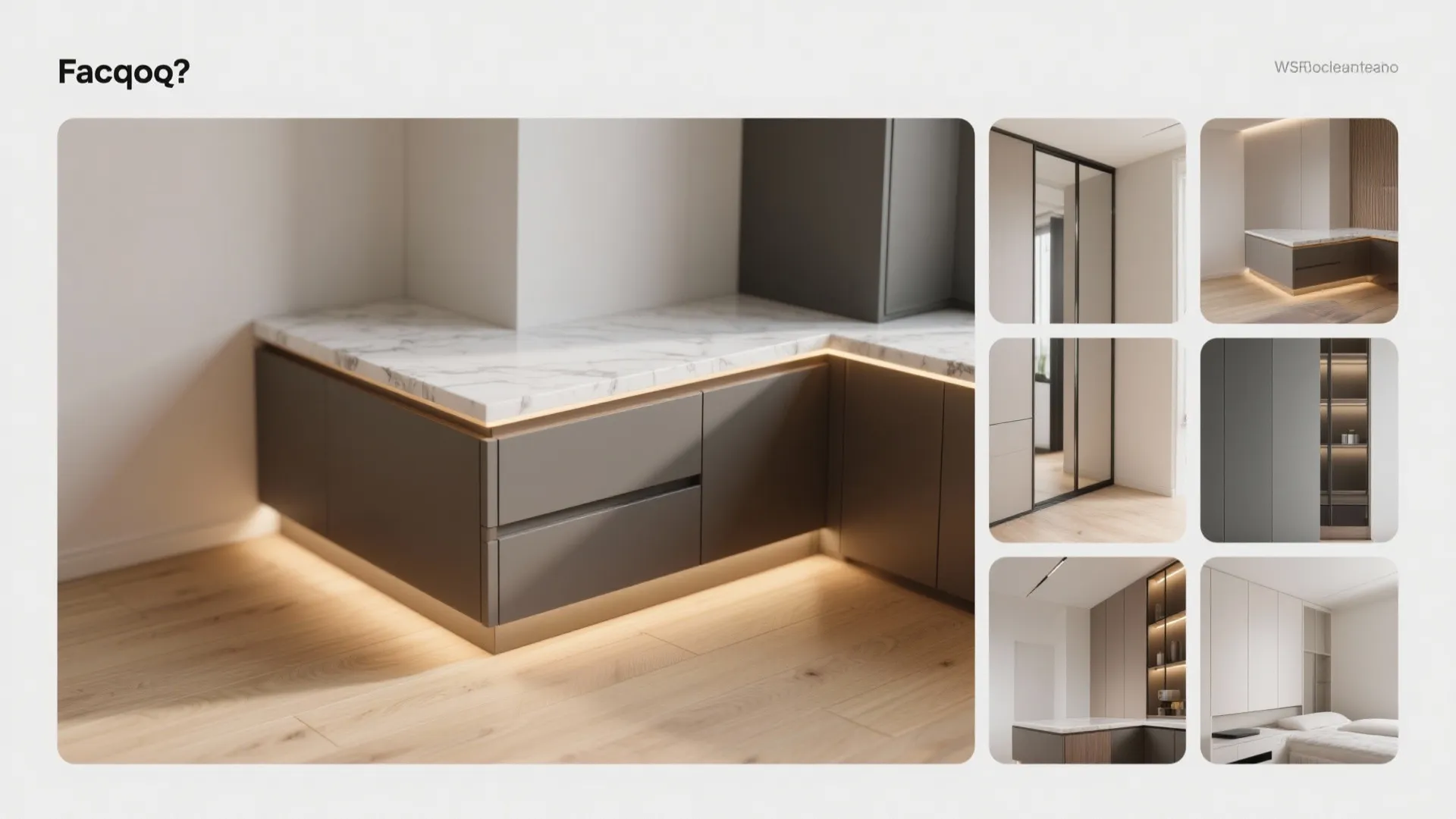 Collage of interior design details showing grey cabinets with marble tops and warm hidden lights
