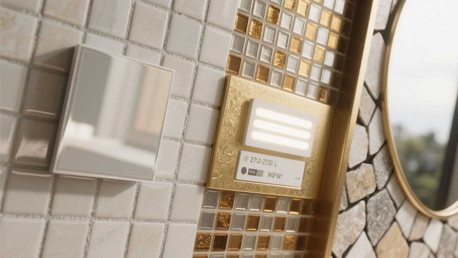 Macro collage showing glossy vs matte reflection, sealed grout, warm LED temperature with brass, and a mosaic fragment.