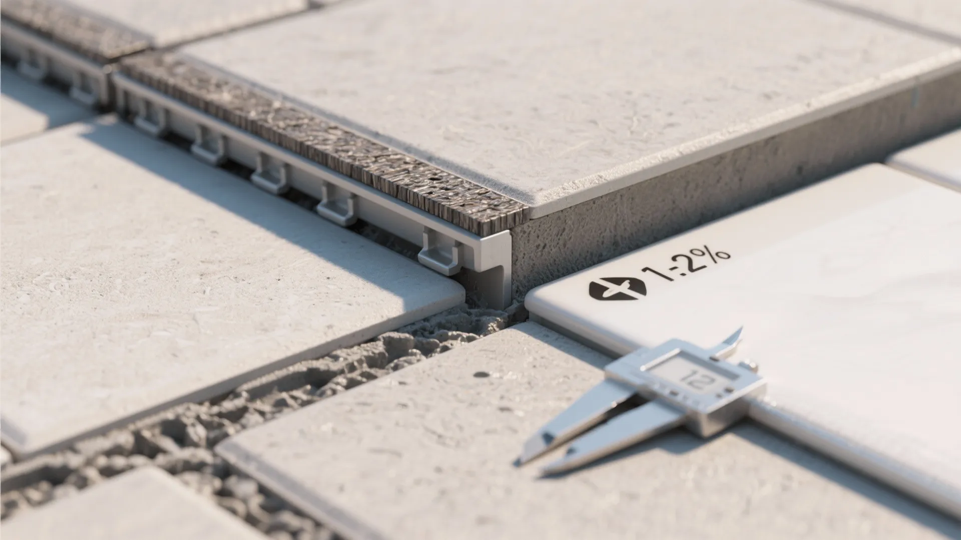 Macro details of balcony flooring materials and drainage slope gauge.