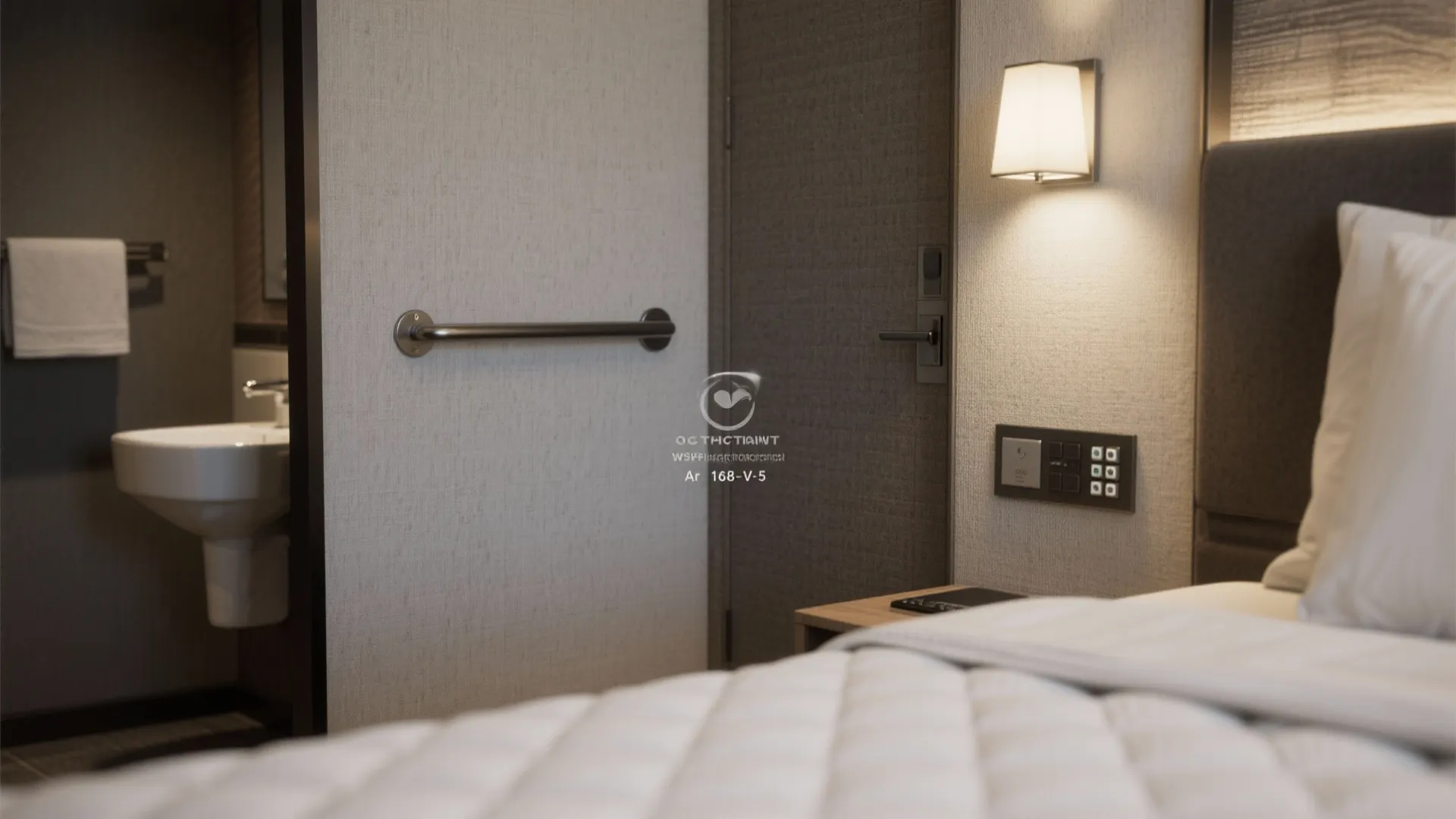 Macro details of mattress texture, acoustic seal and reinforced bathroom wall for accessibility