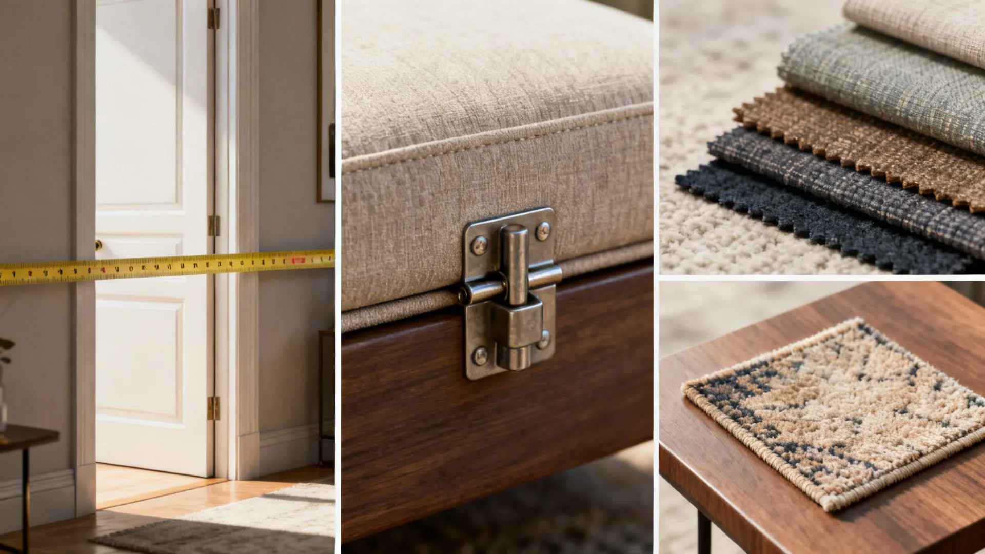 Macro collage of measuring tape, fabric swatches, ottoman hinge and rug texture for seating FAQ visuals.