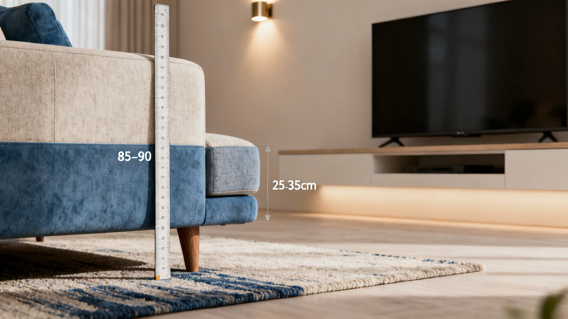 Close up of sofa showing height measurements with a ruler and dimensions for interior design
