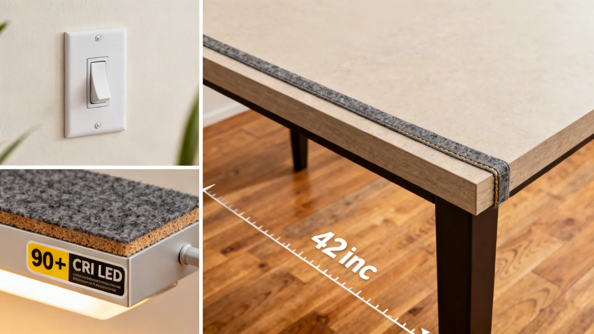 Macro details of dimmers, acoustic panel edge, LED fixture detail, table runner over a seam, and 42-inch aisle spacing.