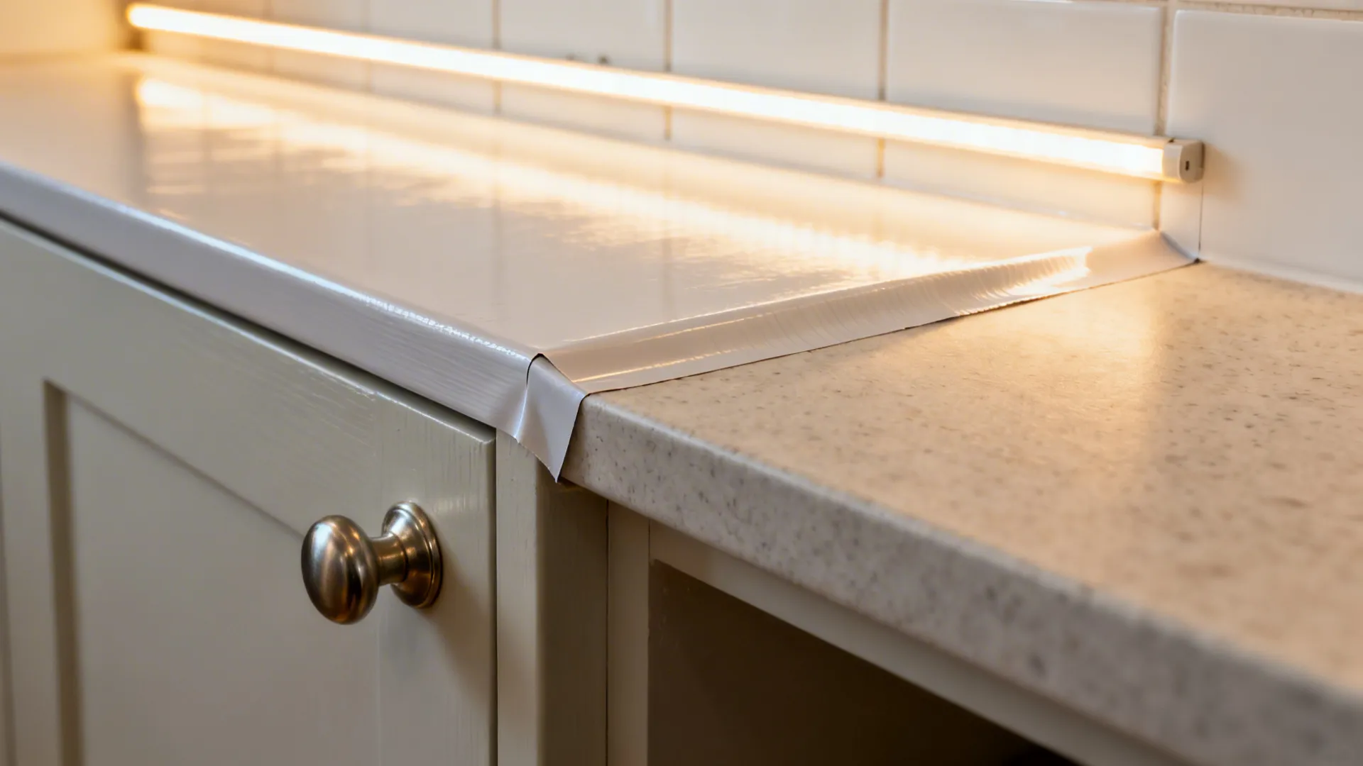 Close details of a painted door with new handle, LED glow on tiles, and a neat vinyl seam.