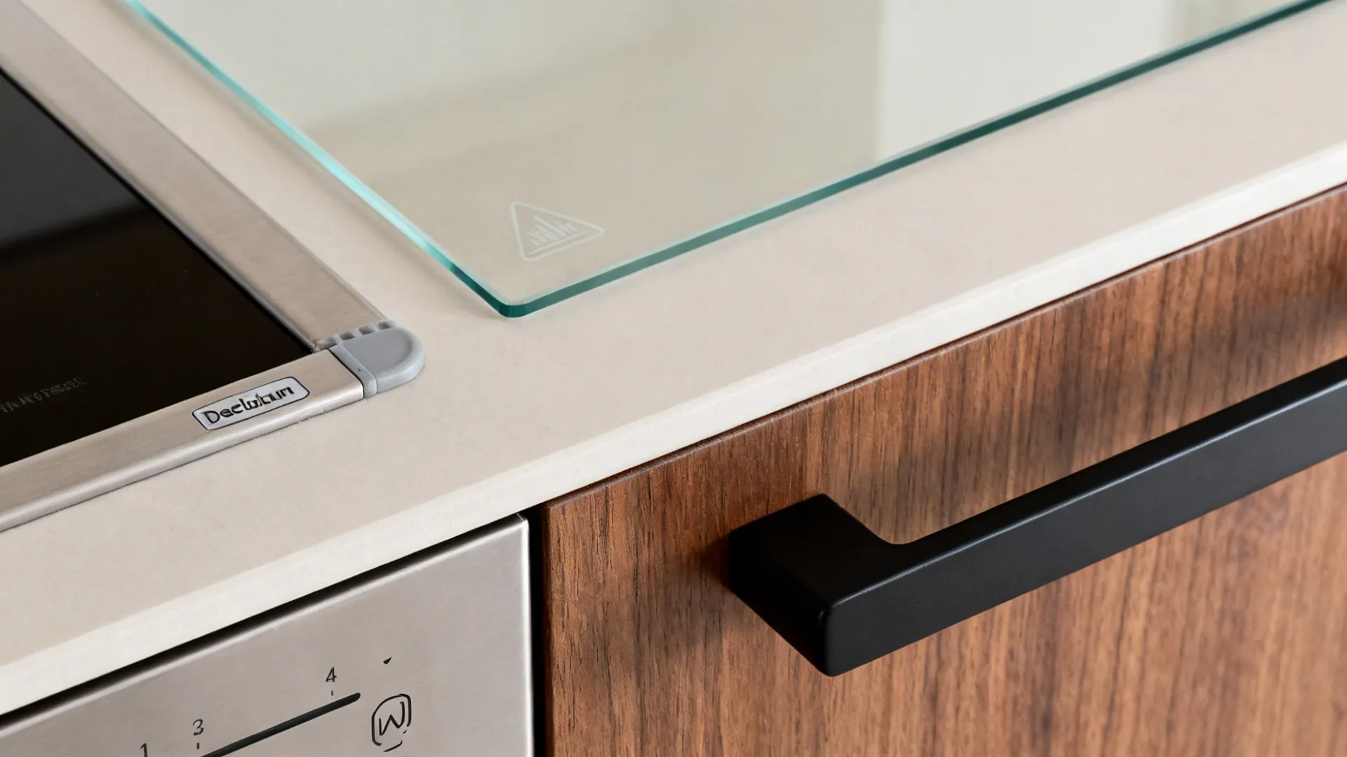 Macro collage of small-space appliance details: quiet seal, etched glass, matte handle with walnut, and induction icon.