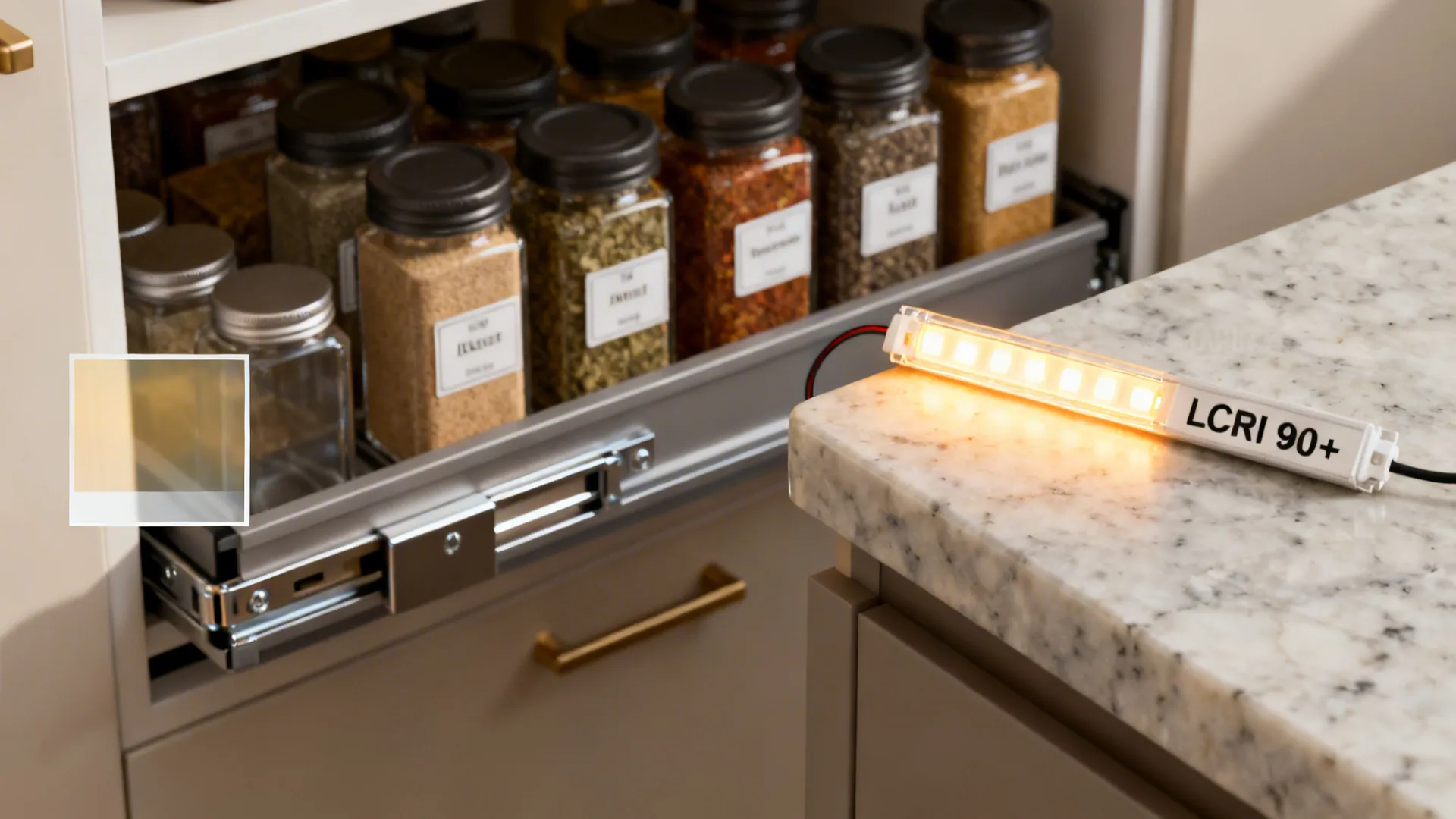 Macro collage showing pull-out pantry hardware, matte glass sample, and a CRI 90+ LED strip on quartz.