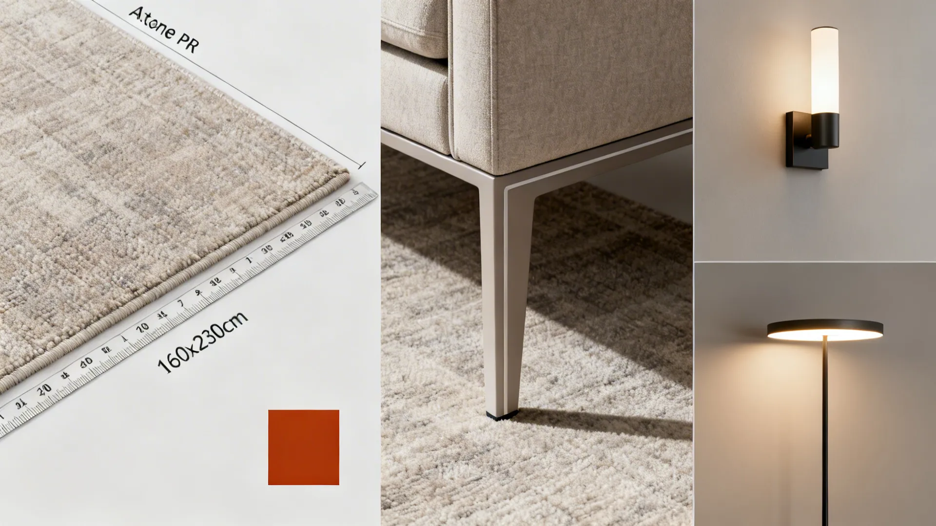 Close-up montage of rug dimensions, sofa leg detail and layered lighting examples for FAQ illustration.