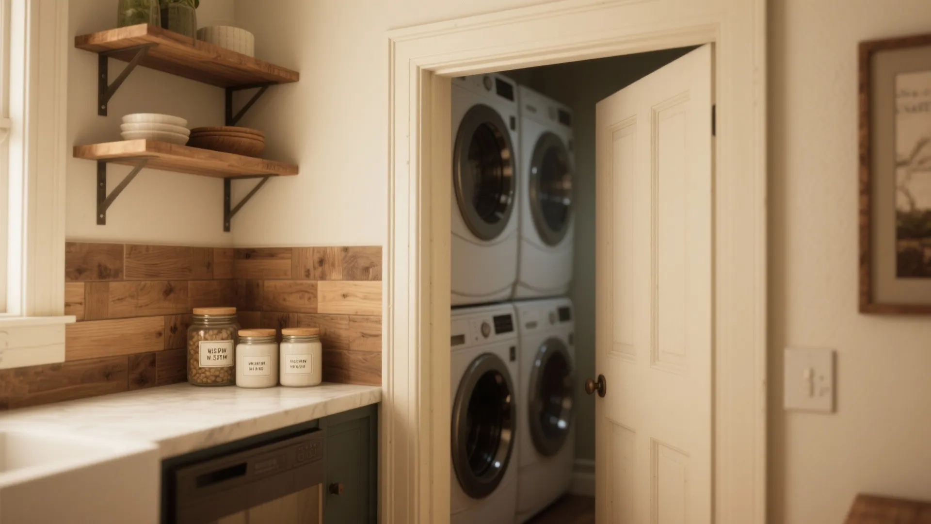 Vignette of open shelving, sealed butcher-block backsplash and concealed laundry in a Waldorf tiny home.