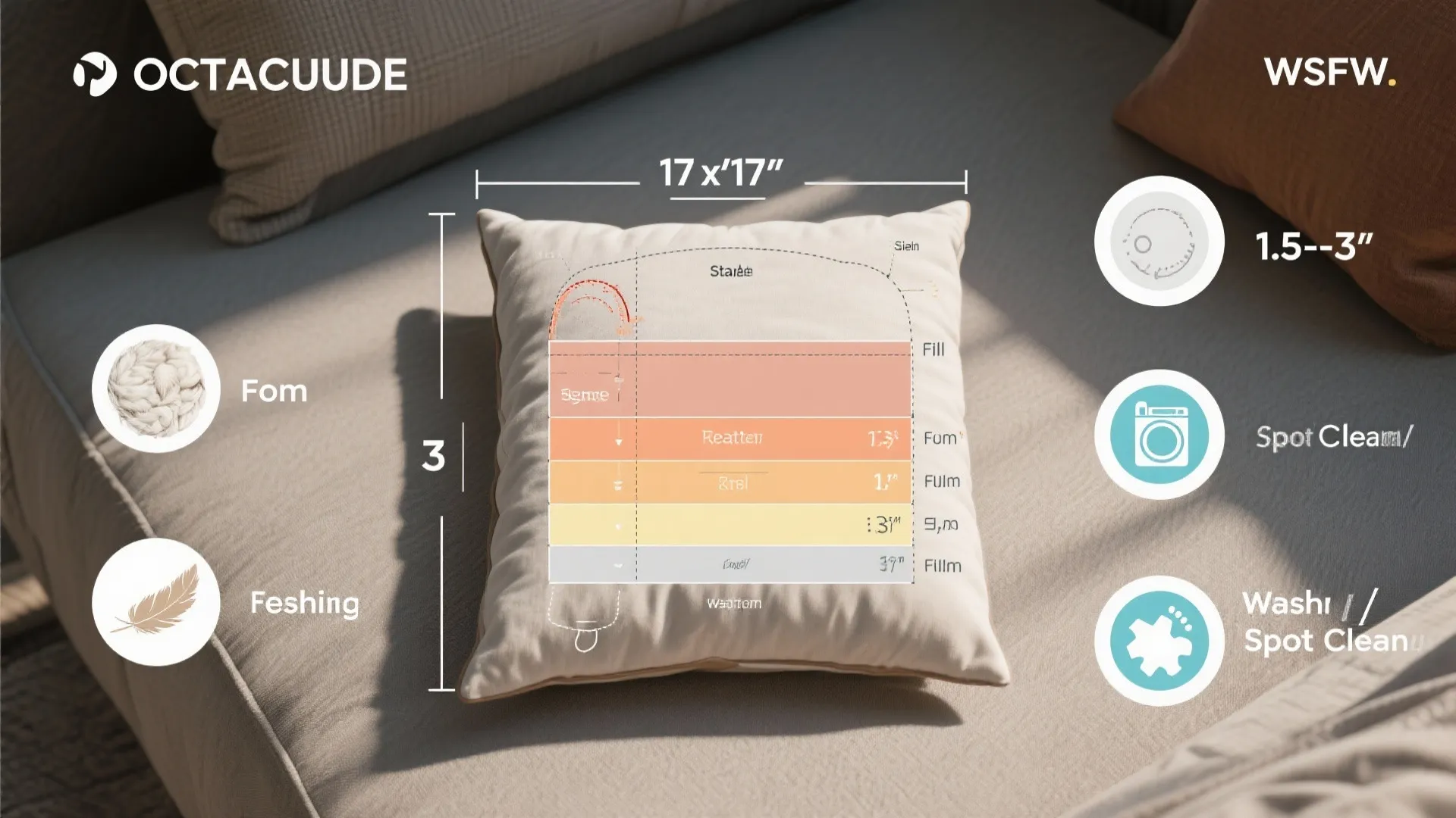 Infographic showing pillow size dimensions and cleaning icons displayed over a beige pillow on sofa