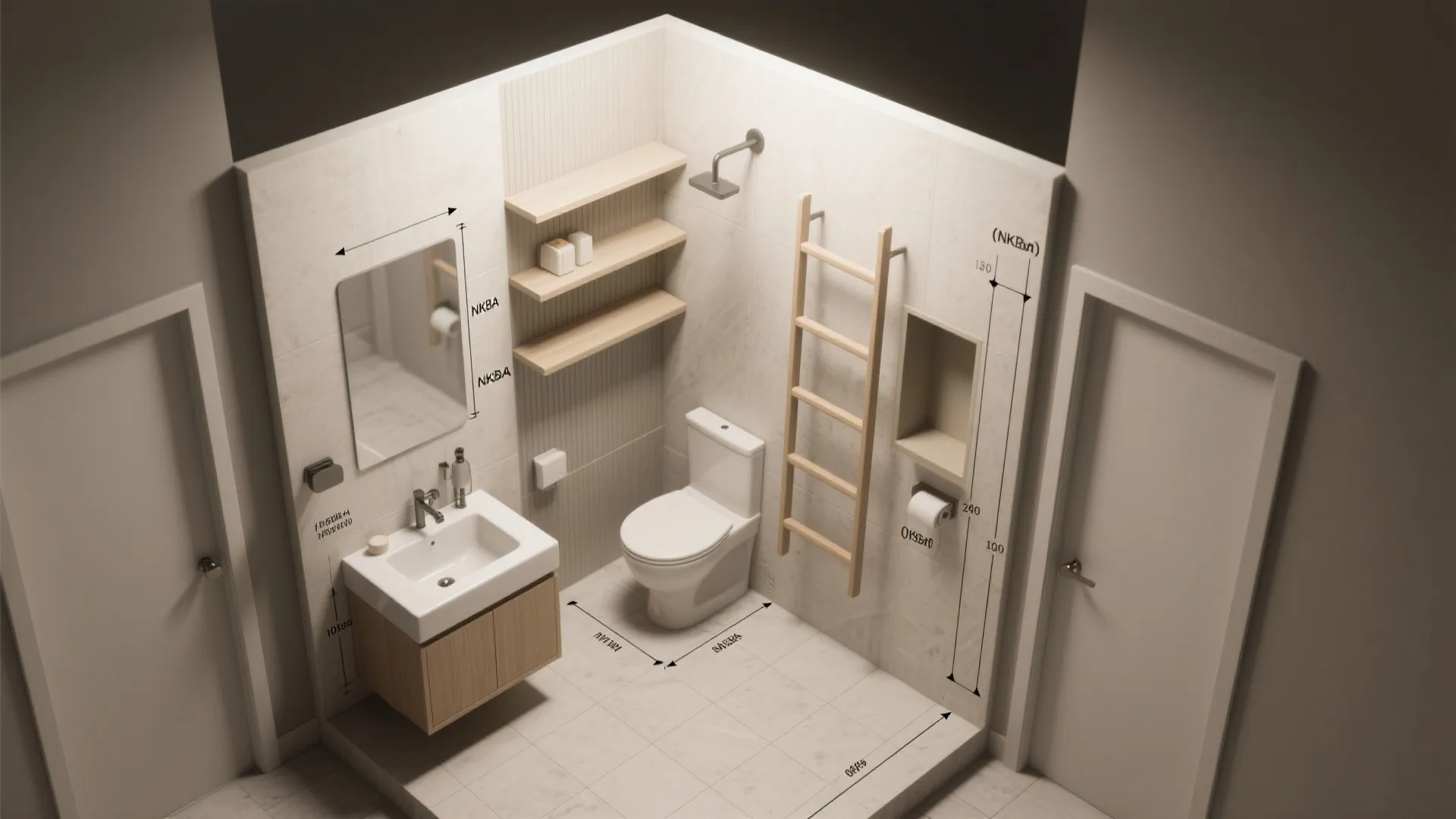 Top-down floorplan rendering of a small bathroom showing shelving placements, clearances and recommended dimensions.