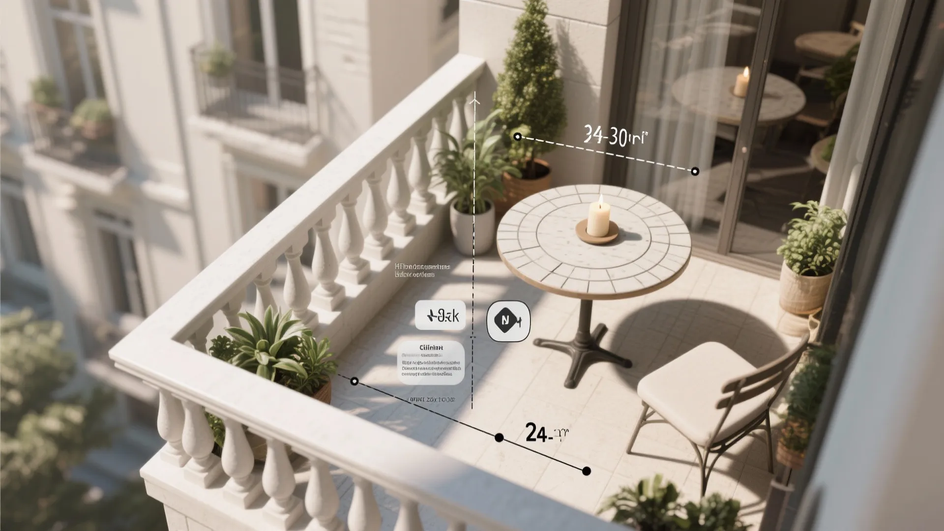 Modern balcony design with table and chair showing area measurements and room layout plan details