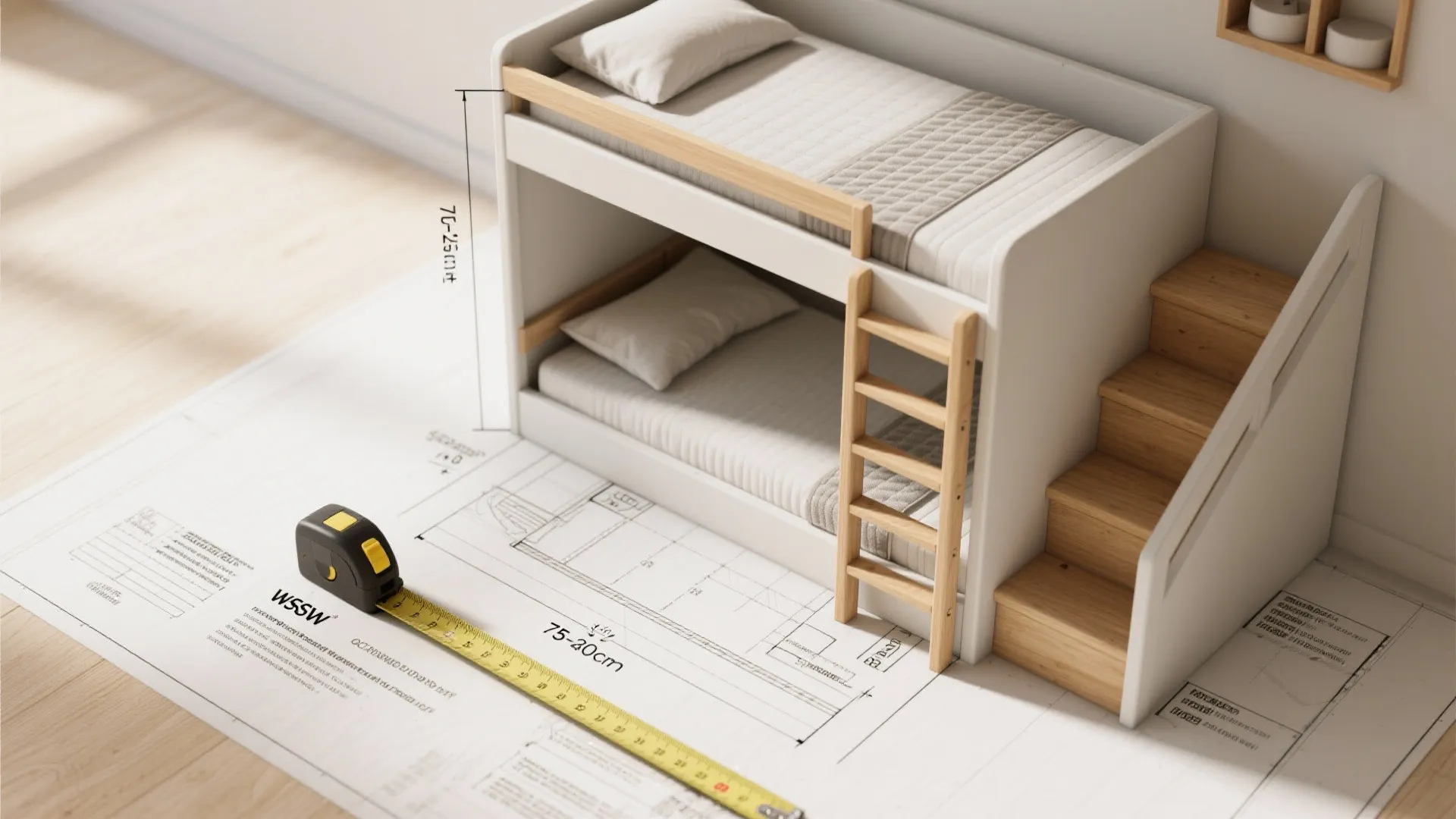 Top-down blueprint diagram with annotated bunk bed clearances, mattress heights and safety notes.