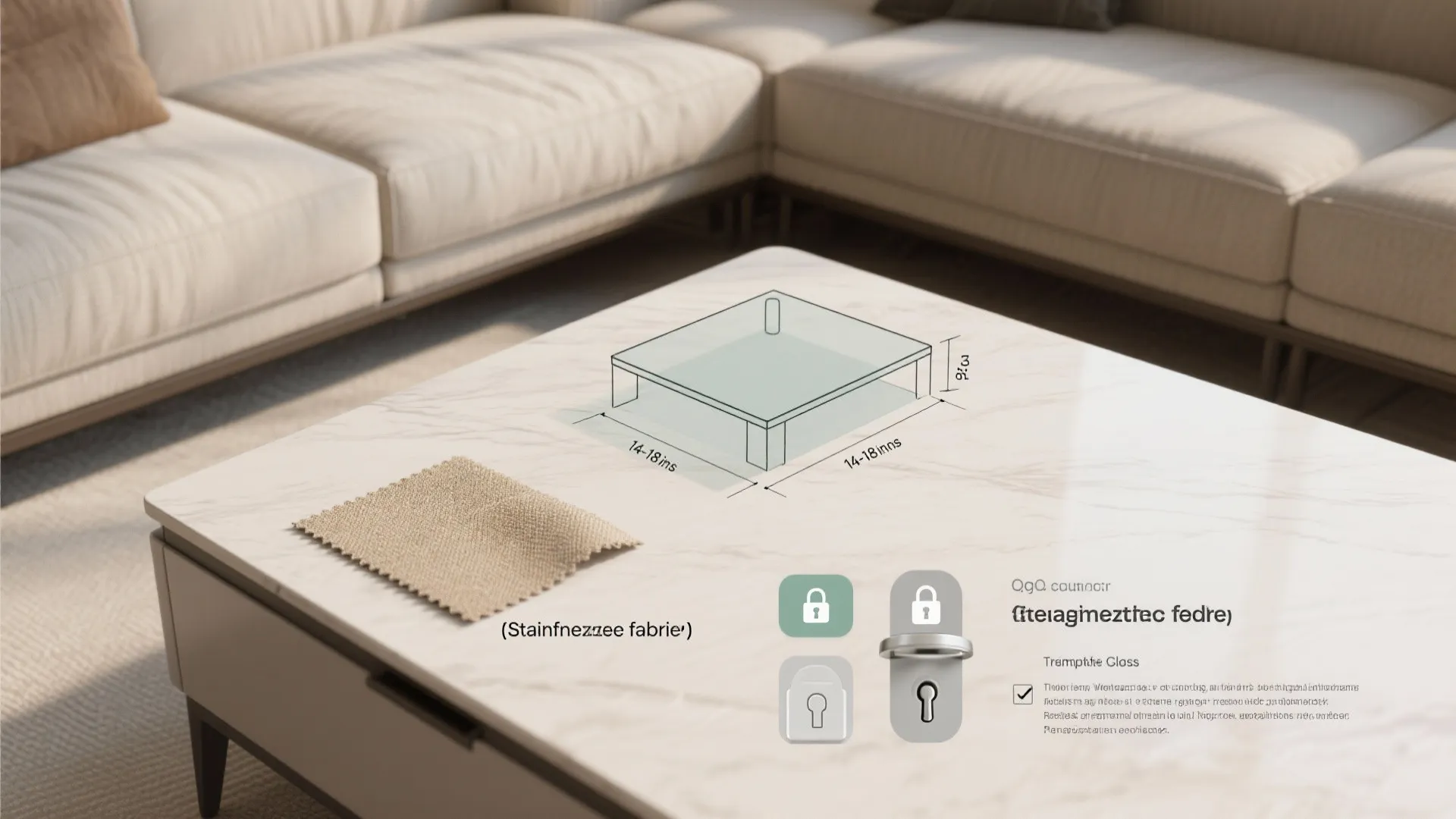 Top-down instructional layout with dimensioned sofa-to-table clearance diagram, fabric swatch labeled stain-resistant, and icons for tempered glass and locks.