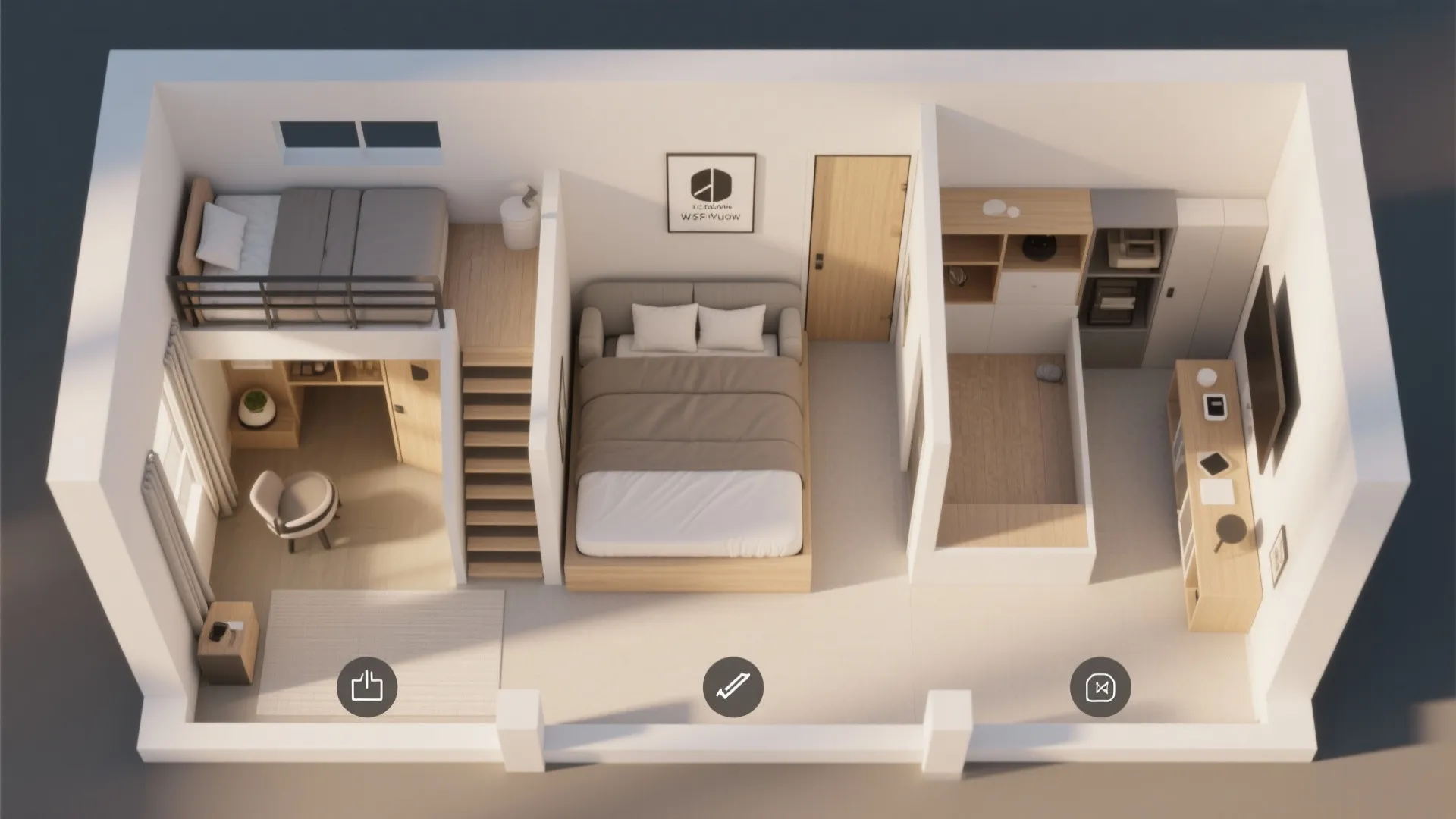 Top-down comparative floor plans of loft, Murphy, sofa bed and platform layouts with annotations.