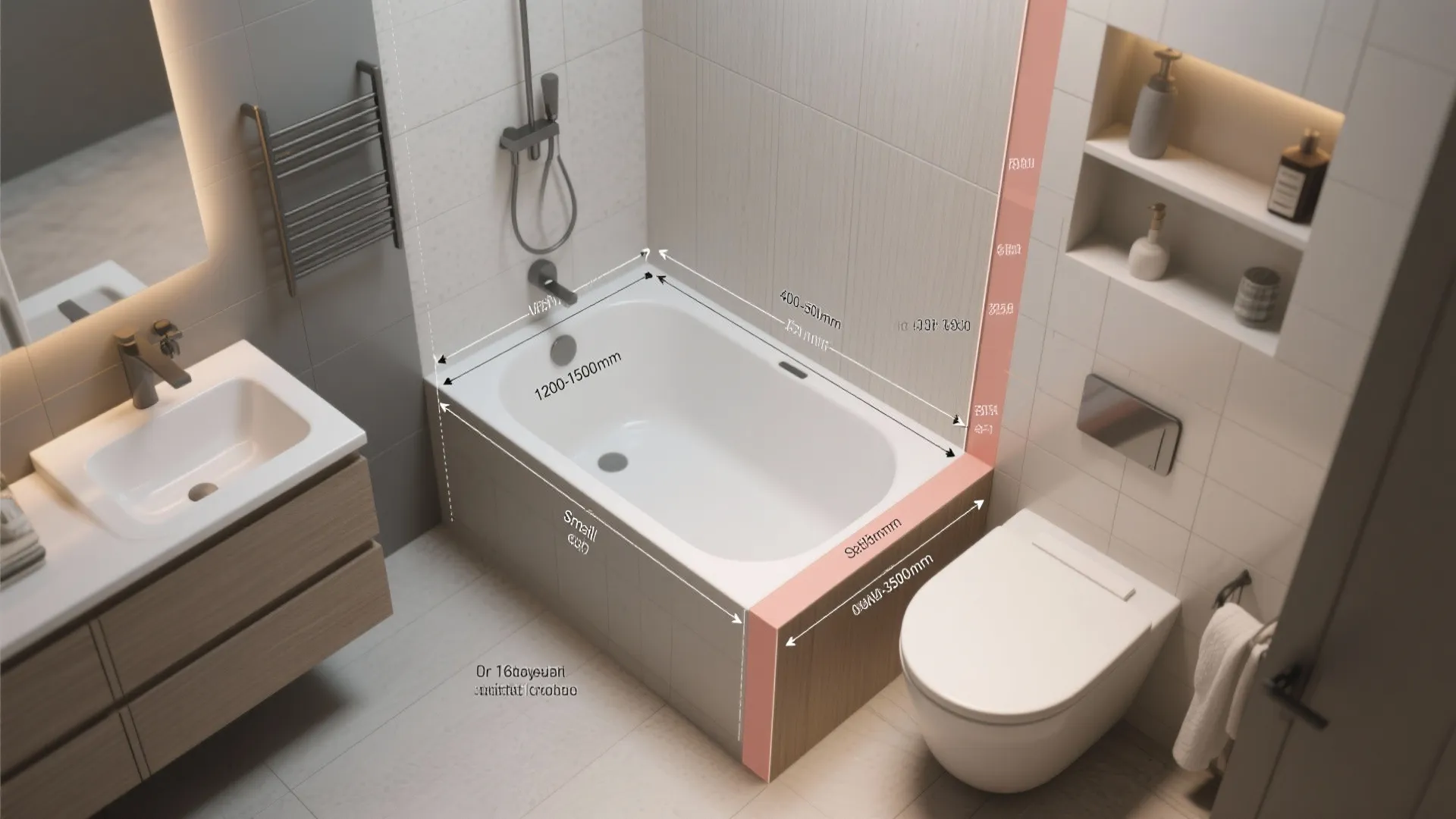 Cross-section diagram of small soaking tub dimensions and common layout options in a tiny bathroom.